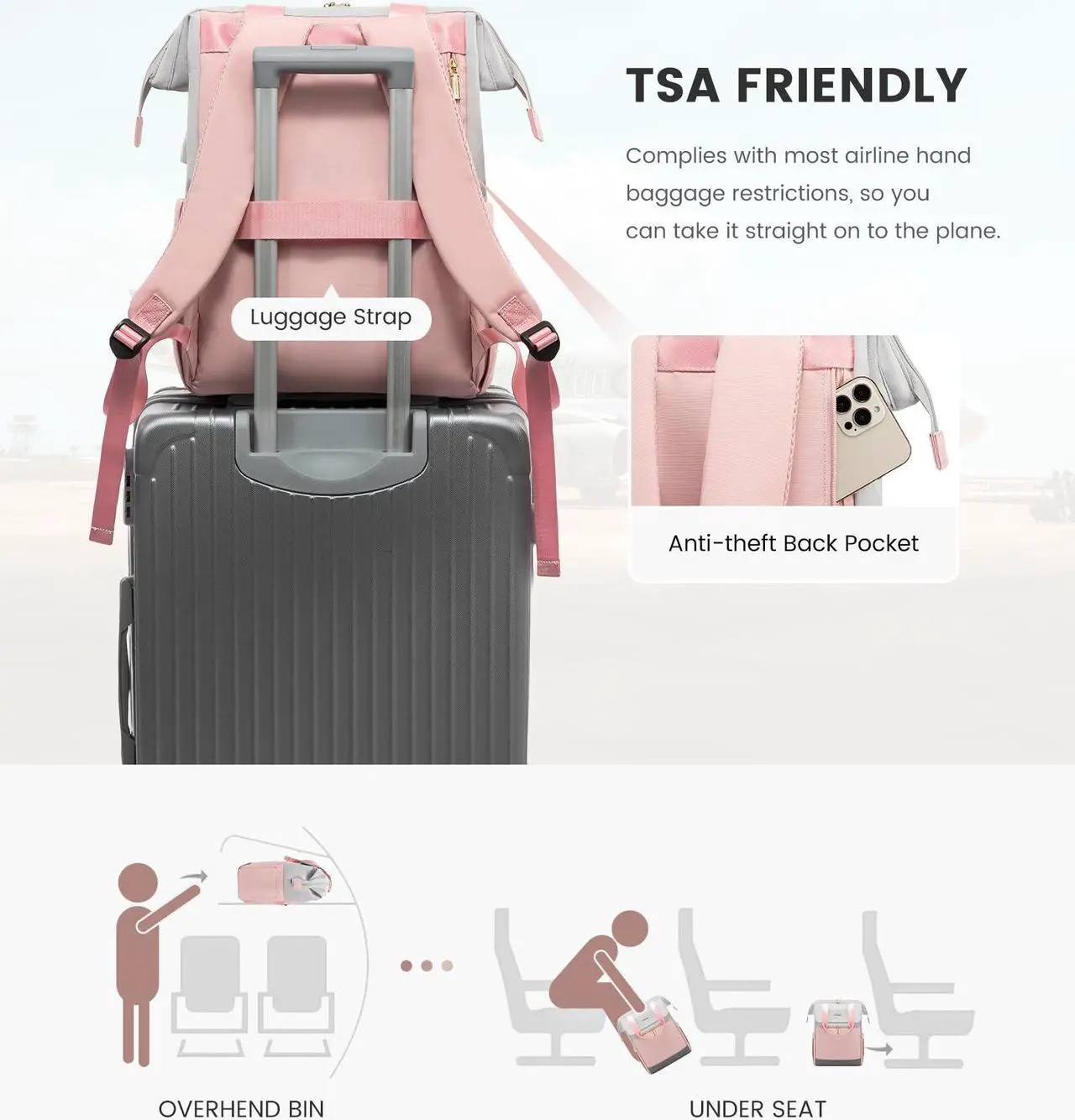 Alt view image 5 of 5 - LOVEVOOK 17.3 Inch Laptop Backpack for Women, Large Capacity Travel Backpack with Organizer Bag, Waterproof Carry on Backpack Work Bag with USB Port, Teacher Nurse Backpack Purse, 2PCS, Grey-Pink