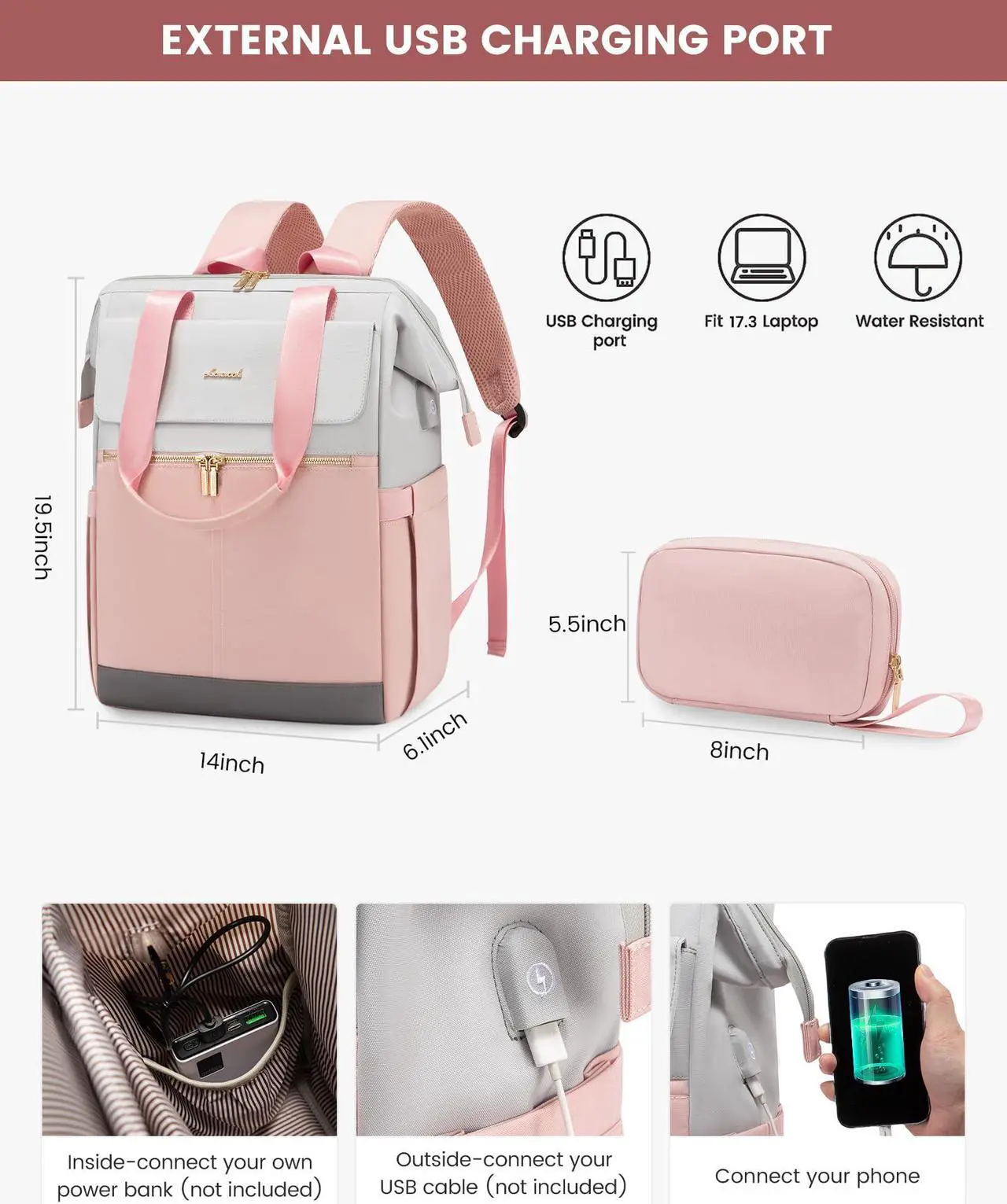 Alt view image 4 of 5 - LOVEVOOK 17.3 Inch Laptop Backpack for Women, Large Capacity Travel Backpack with Organizer Bag, Waterproof Carry on Backpack Work Bag with USB Port, Teacher Nurse Backpack Purse, 2PCS, Grey-Pink