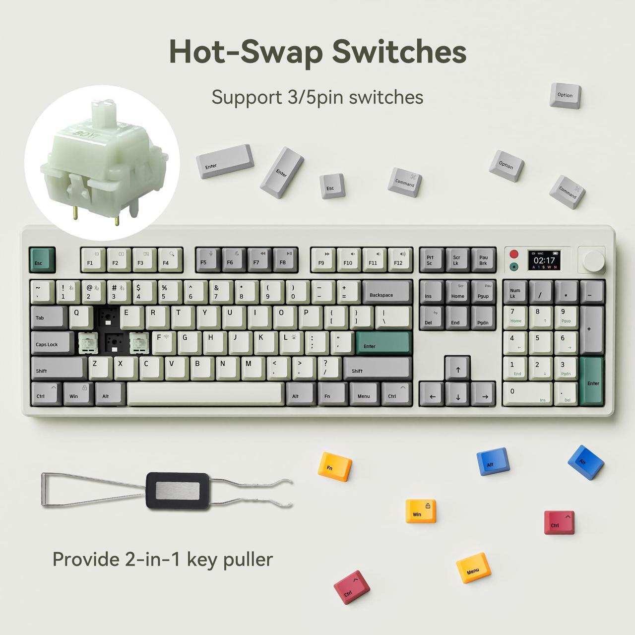 Alt view image 5 of 5 - BOYI K104Pro Retro Mechanical Keyboard,Gasket Structure BT5.0/2.4G/Type-C 4000mAh RGB Gaming Keyboard,Linear Lubed Switches HotSwap NKRO Wireless Custom Keyboard with Screen Display&Knob for Win/Mac