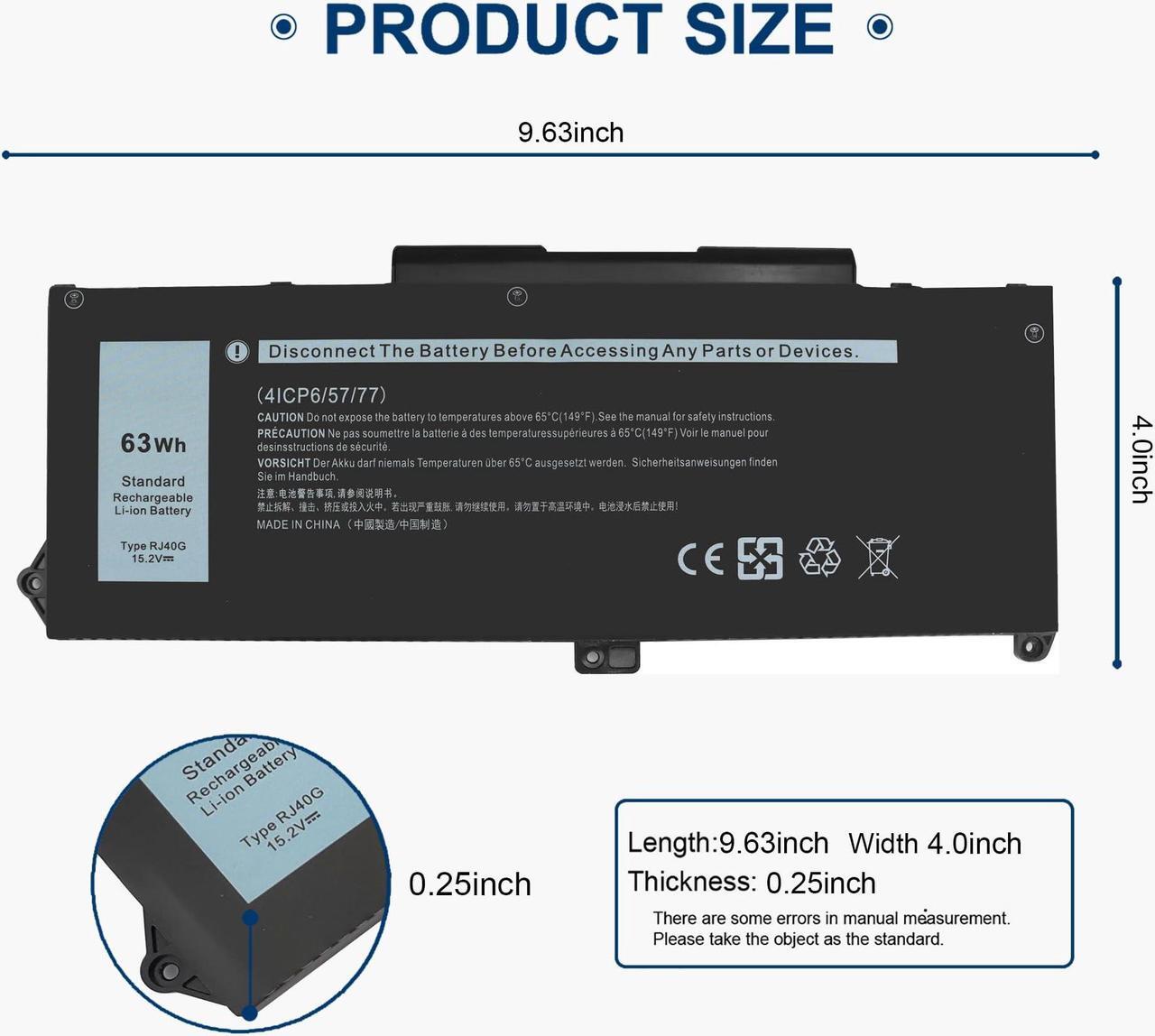 Alt view image 2 of 5 - 63WH RJ40G laptop Battery Compatible with Dell Latitude 14 5420 15 5520 Precision 15 3560 Series P137G P137G001 P104F P104F001 P104F002, Replacement for RJ4OG 01K2CF 075X16 WY9DX 0WK3F1 0M3KCN 005R42