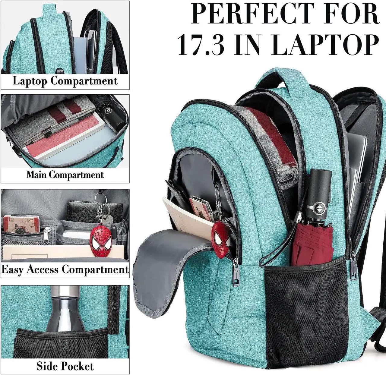 Alt view image 2 of 5 - BIKROD Teal Backpack for Women and Men, Extra Large School Backpacks for Teens, Water Resistant Back Pack with USB Charging Port Fits 17 Inch Laptop, Business Anti Theft Durable Computer Bag Gifts