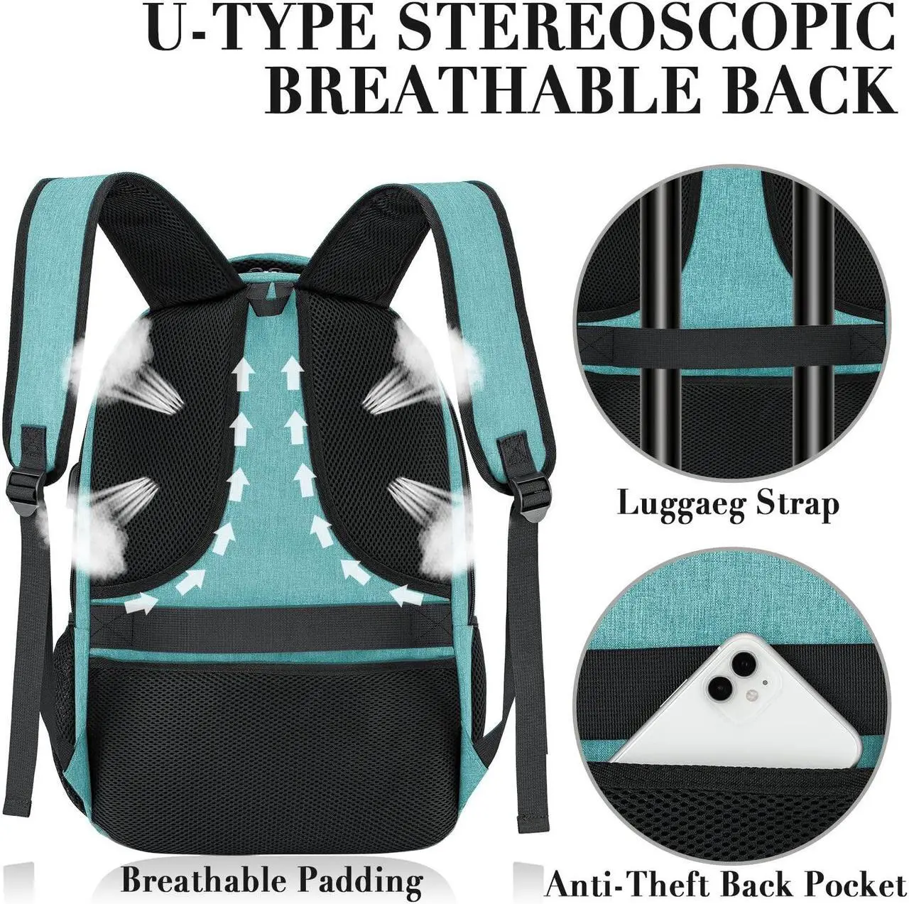 Alt view image 5 of 5 - BIKROD Teal Backpack for Women and Men, Extra Large School Backpacks for Teens, Water Resistant Back Pack with USB Charging Port Fits 17 Inch Laptop, Business Anti Theft Durable Computer Bag Gifts