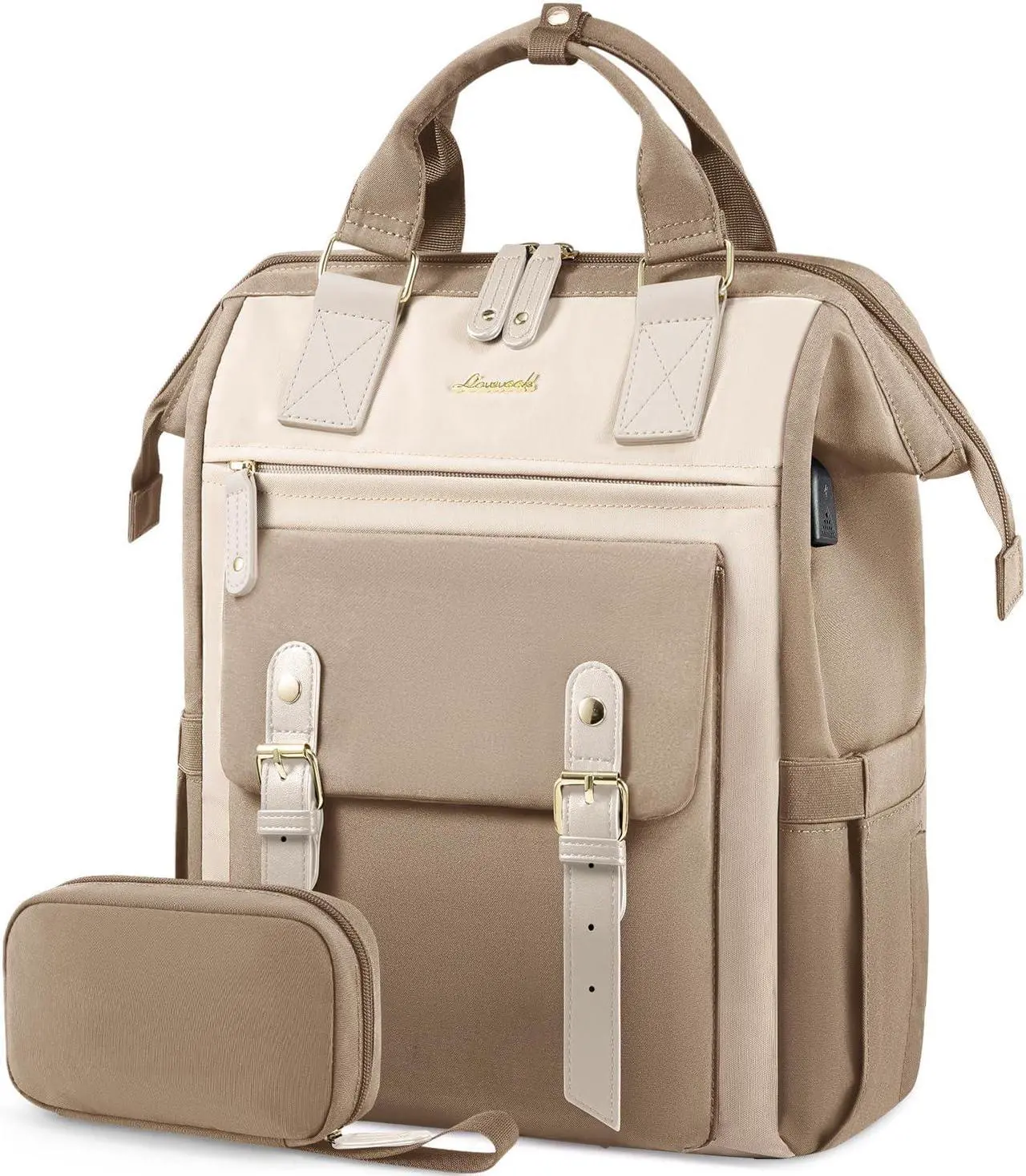 Main image of LOVEVOOK Laptop Backpack For Women, Travel Backpack Purse for Women, Nurse Work Bags Teacher Business Laptop Bag, College Backpack, Waterproof Wide Open Computer Back pack, 15.6 Inch, Khaki-Beige