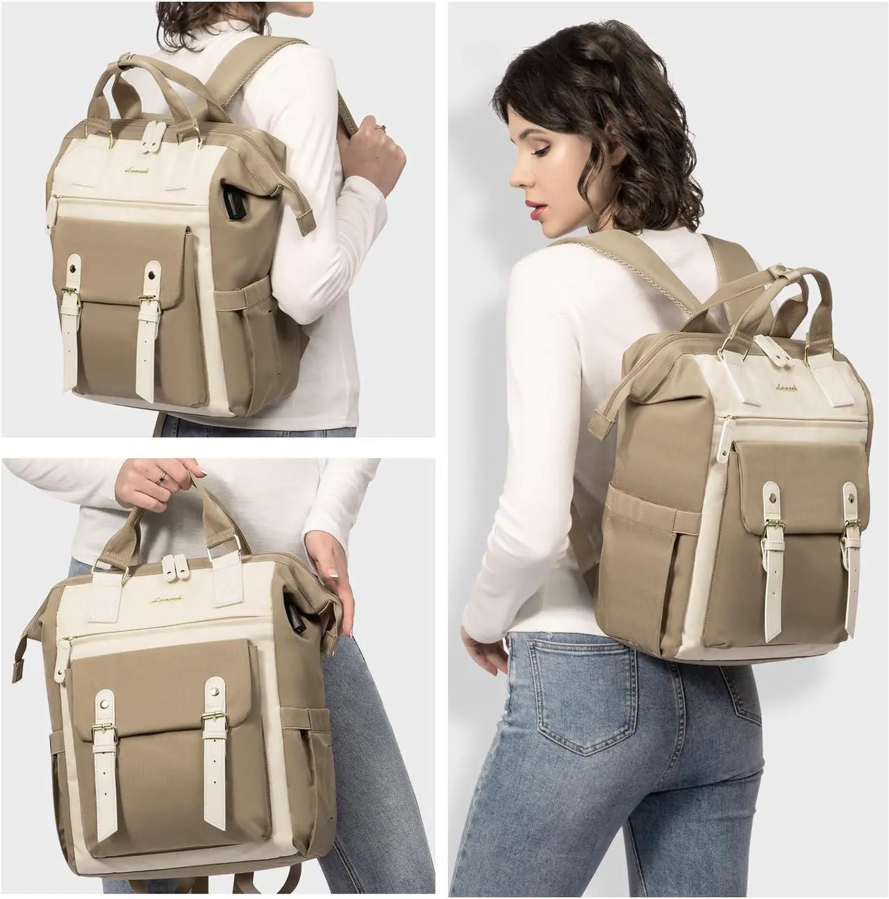 Alt view image 2 of 5 - LOVEVOOK Laptop Backpack For Women, Travel Backpack Purse for Women, Nurse Work Bags Teacher Business Laptop Bag, College Backpack, Waterproof Wide Open Computer Back pack, 15.6 Inch, Khaki-Beige