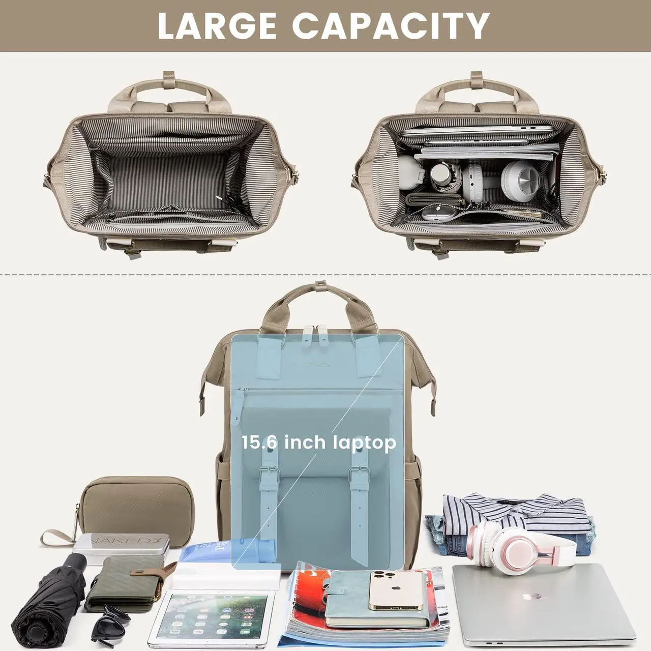 Alt view image 4 of 5 - LOVEVOOK Laptop Backpack For Women, Travel Backpack Purse for Women, Nurse Work Bags Teacher Business Laptop Bag, College Backpack, Waterproof Wide Open Computer Back pack, 15.6 Inch, Khaki-Beige