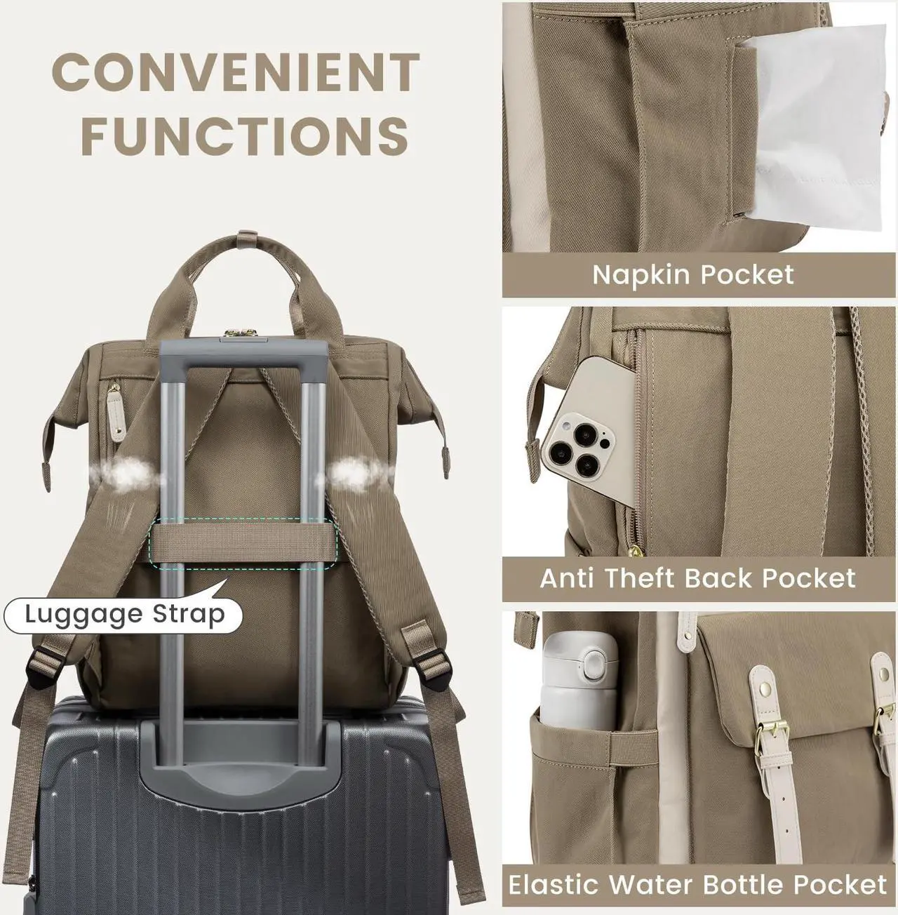 Alt view image 5 of 5 - LOVEVOOK Laptop Backpack For Women, Travel Backpack Purse for Women, Nurse Work Bags Teacher Business Laptop Bag, College Backpack, Waterproof Wide Open Computer Back pack, 15.6 Inch, Khaki-Beige