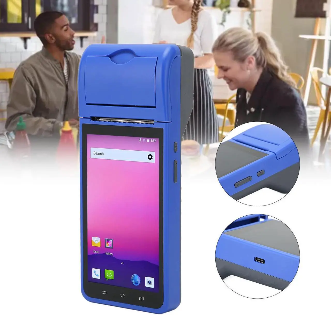 Alt view image 3 of 5 - Handheld POS Machine, 1280 X 720 HD Screen Thermal Printing Auto Focusing Receipt Printer Portable Smart Mobile POS Terminal Payment Kit Ordering Machine(US)