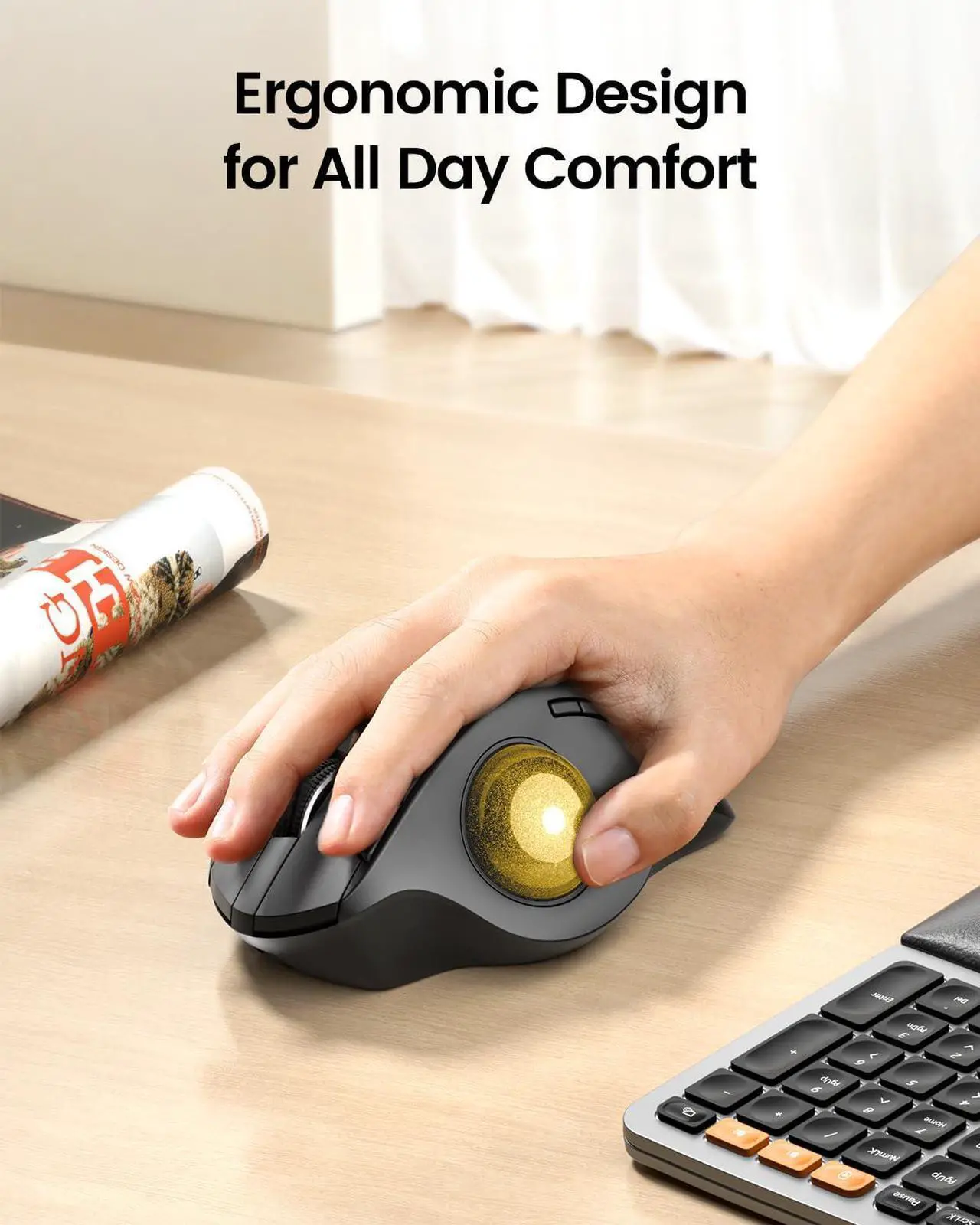 Alt view image 3 of 5 - ProtoArc Wireless Trackball Mouse, EM01 NL Ergonomic Bluetooth Rollerball Thumb Rechargeable Computer Laptop Mouse, Adjustable Angle & 3 Device Connection for PC, Mac, Windows-Gold Ball