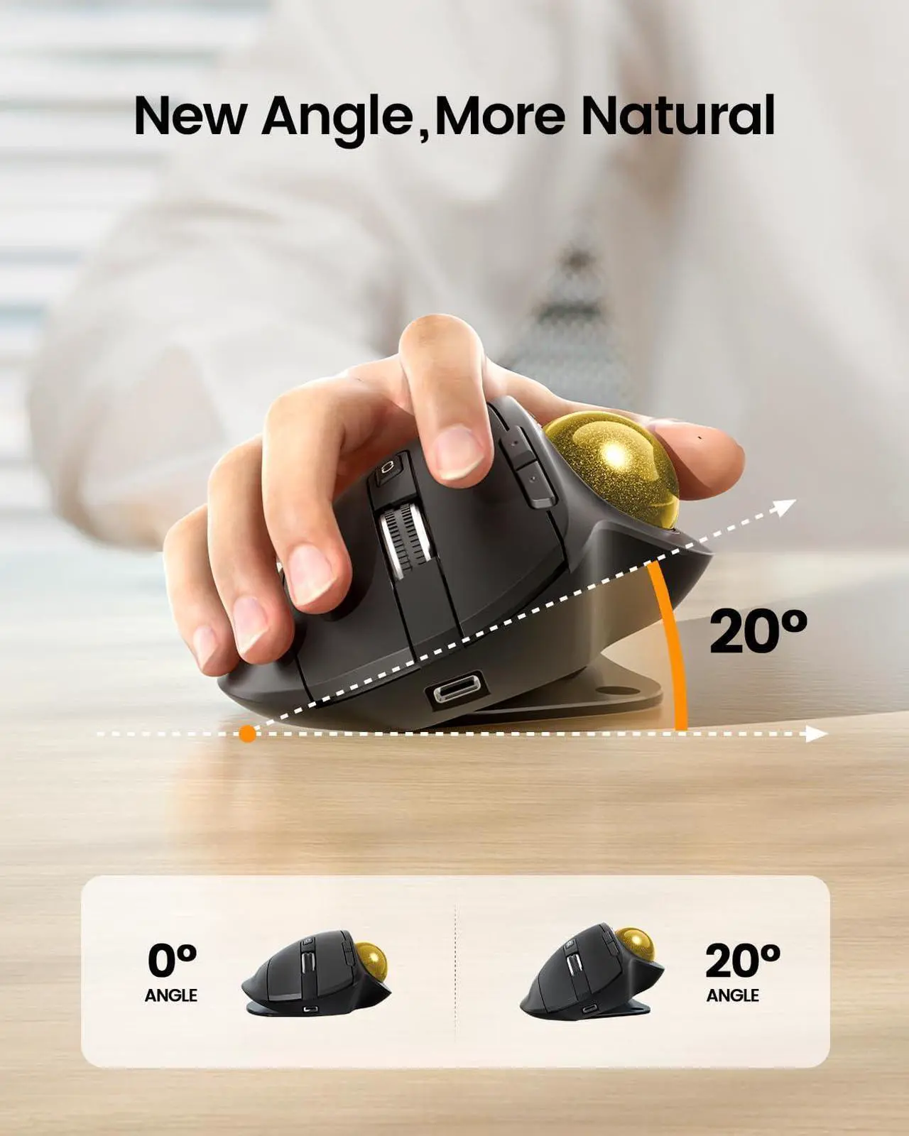 Alt view image 2 of 5 - ProtoArc Wireless Trackball Mouse, EM01 NL Ergonomic Bluetooth Rollerball Thumb Rechargeable Computer Laptop Mouse, Adjustable Angle & 3 Device Connection for PC, Mac, Windows-Gold Ball