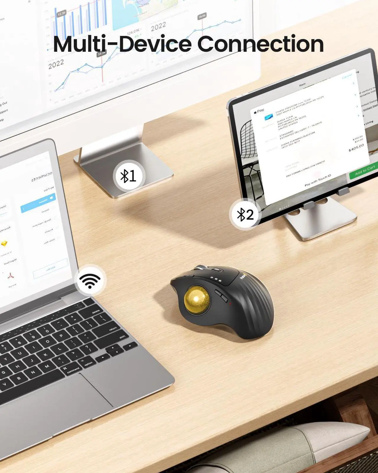 Alt view image 4 of 5 - ProtoArc Wireless Trackball Mouse, EM01 NL Ergonomic Bluetooth Rollerball Thumb Rechargeable Computer Laptop Mouse, Adjustable Angle & 3 Device Connection for PC, Mac, Windows-Gold Ball