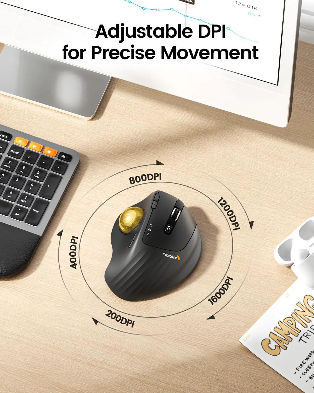 Alt view image 5 of 5 - ProtoArc Wireless Trackball Mouse, EM01 NL Ergonomic Bluetooth Rollerball Thumb Rechargeable Computer Laptop Mouse, Adjustable Angle & 3 Device Connection for PC, Mac, Windows-Gold Ball