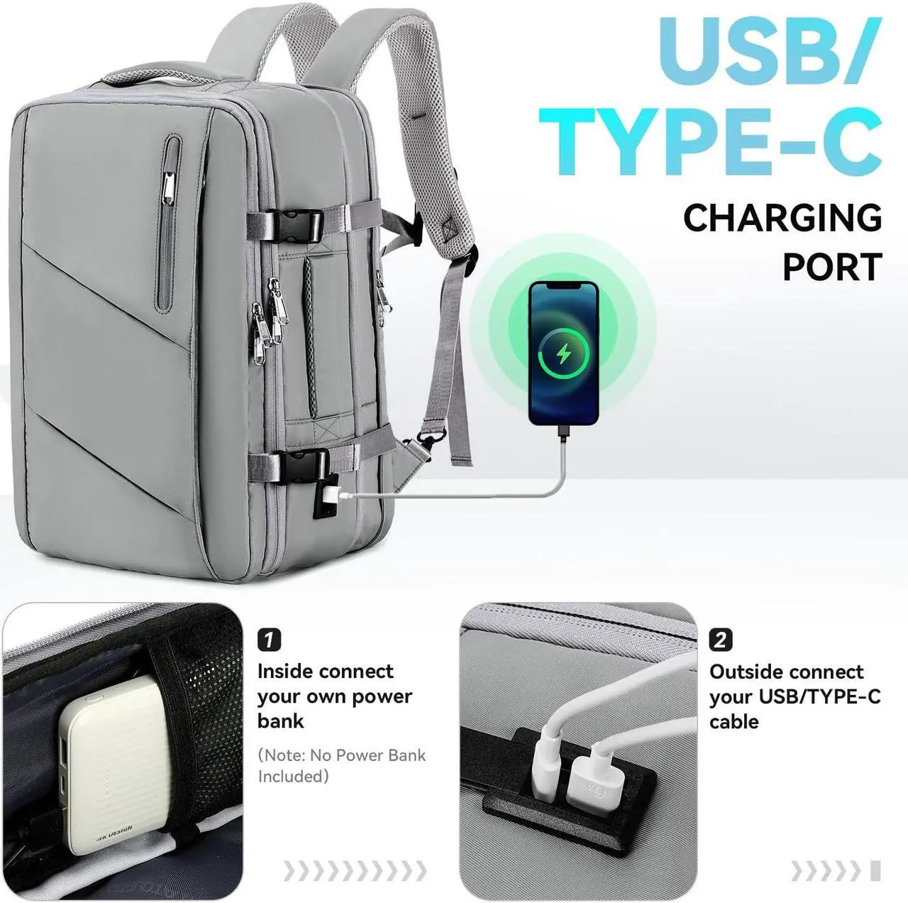 Alt view image 2 of 5 - Victoriatourist Carry on Travel Backpack for Men Women, Extra Large 40L Flight Approved Expandable Suitcase With USB/Type-C Charging Port, Water Resistant Luggage Daypack Business Weekender Bag, Grey