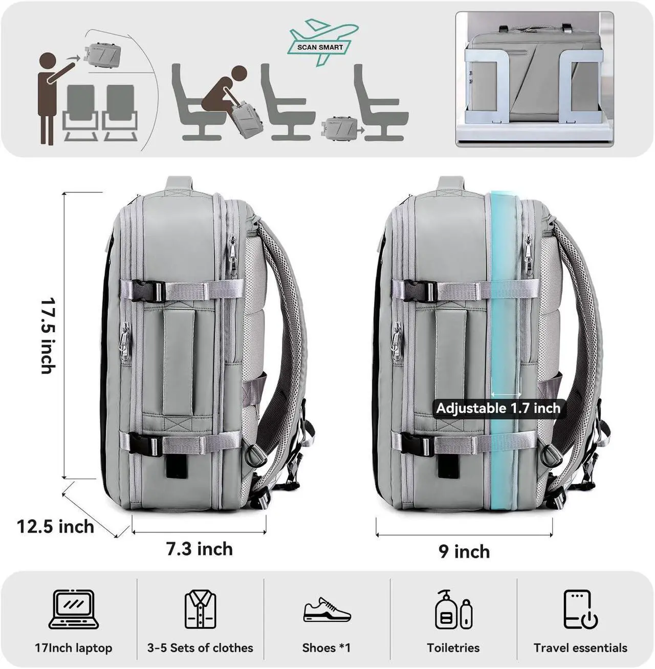 Alt view image 3 of 5 - Victoriatourist Carry on Travel Backpack for Men Women, Extra Large 40L Flight Approved Expandable Suitcase With USB/Type-C Charging Port, Water Resistant Luggage Daypack Business Weekender Bag, Grey