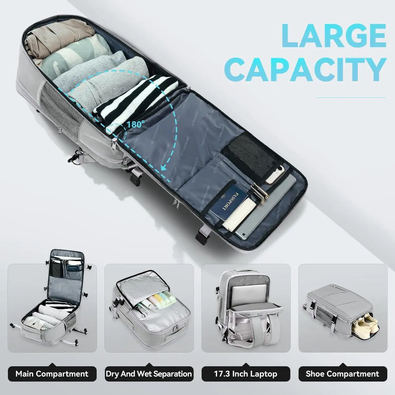 Alt view image 5 of 5 - Victoriatourist Carry on Travel Backpack for Men Women, Extra Large 40L Flight Approved Expandable Suitcase With USB/Type-C Charging Port, Water Resistant Luggage Daypack Business Weekender Bag, Grey