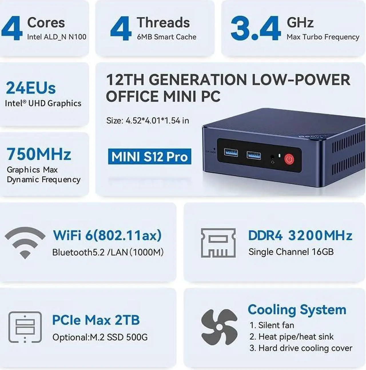 Alt view image 2 of 5 - Beelink N100 Mini PC Mini S12 Pro 16GB DDR4 500GB SSD 12th Generation Processor N100 4C 4T Max 3.4GHz, LAN 2.5G /2* HDMI 4K@60Hz Output Gigabit Ethernet/WiFi 6 / BT-5.2
