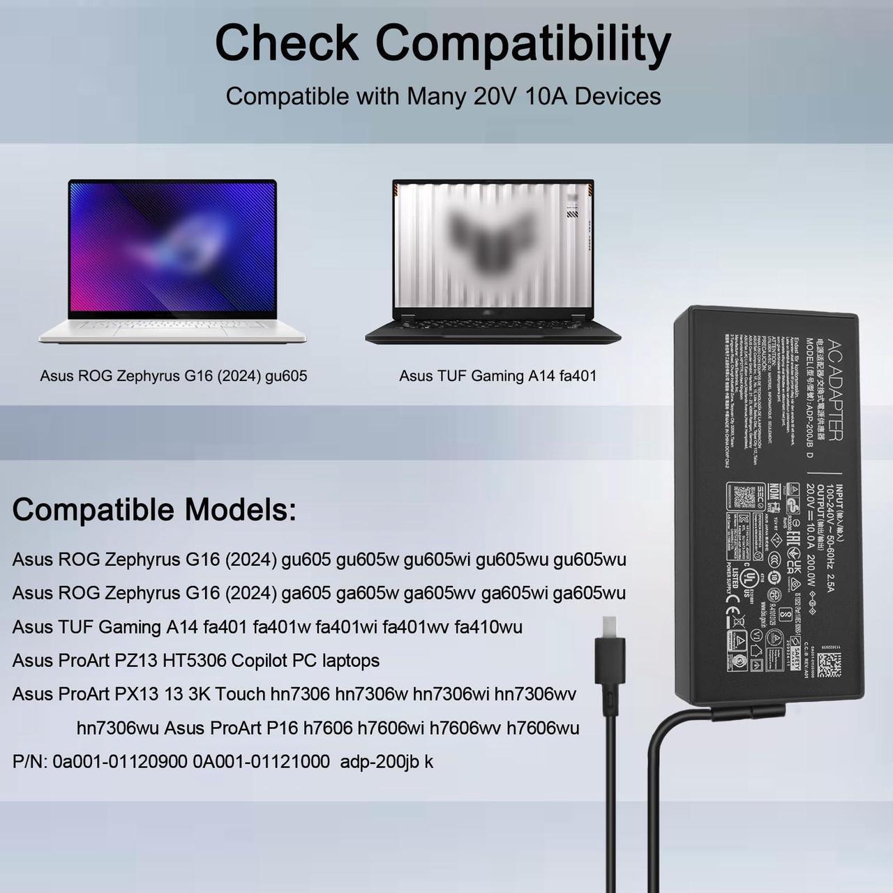 Alt view image 3 of 5 - 20V 10A 200W Laptop Charger for Asus ROG Zephyrus G16 gu605 gu605m ga605w ga605 Asus TUF Gaming A14 fa401u fa401w ProArt P16 h7606 pz13 ht5306 PX13 hn7306 Power Supply adp-200jb k