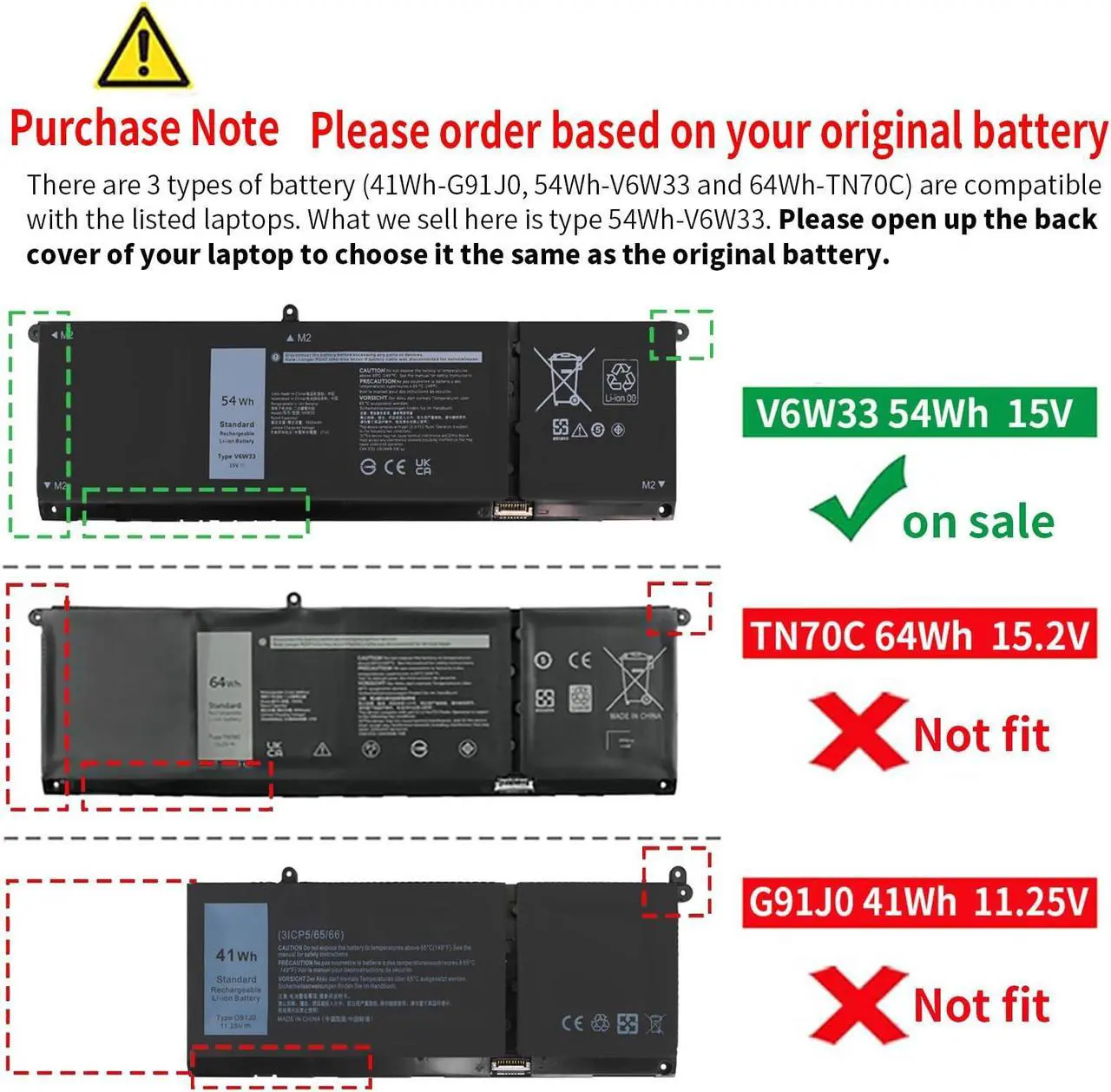 Alt view image 2 of 5 - 54Wh V6W33 Battery Compatible with Dell Inspiron 3510 3515 5310 5410 5510 5515 5440 5518 Vostro 3425 3511 5320 5635 Latitude 5430 3445 Chromebook 3320 3330 3420 3520 0V6W33 XDY9K 927N5, 15V 4-Cell