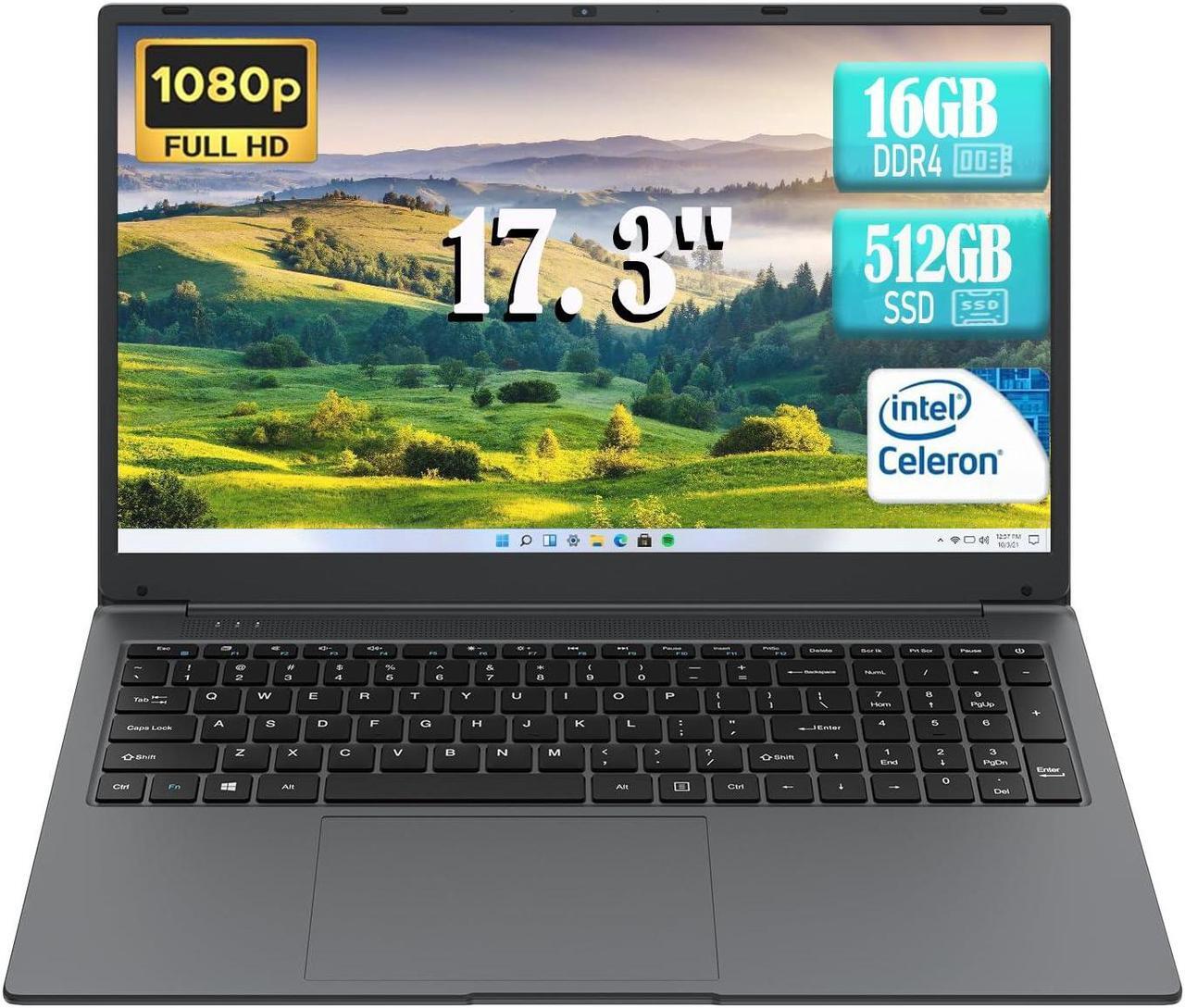Main image of IJKKJI Laptop Computer, 17 inch Laptop, Intel Celeron N5095(UP to 2.9GHz) 16GB RAM 512GB SSD, Computers with Windows 11, 1920 x 1080 Display, Type-C, Webcam, Dual Wi-Fi, Buletooth 4.2, HDMI, USB 3.0