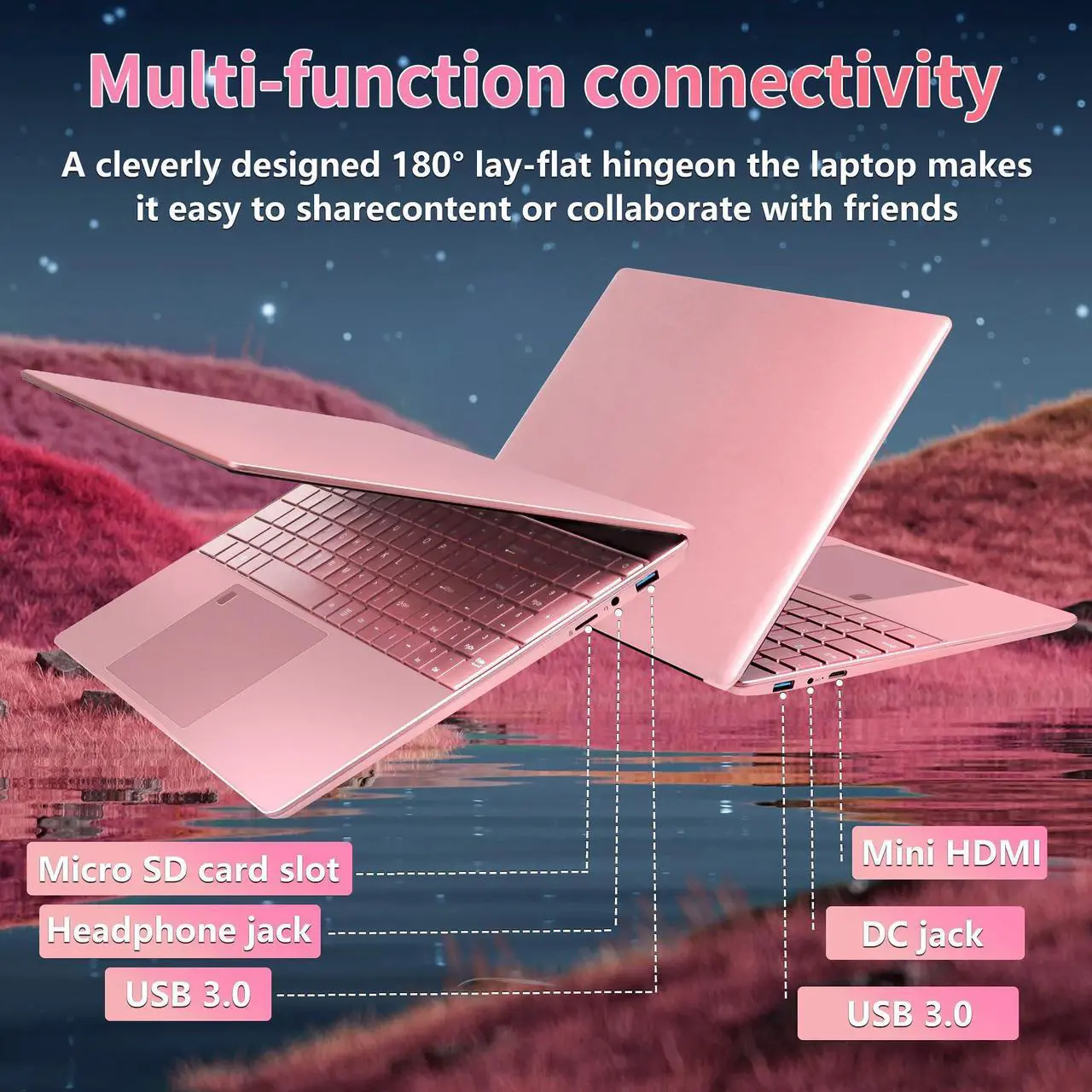 Alt view image 3 of 5 - OMSERVB 15.6" Pink Laptop,12th Gen N95(Up to 3.4Ghz),DDR4 32G RAM, 1TB NVME SSD, Win 11&Office 2019,Fingerprint Lock,Portable Notebook PC with Backlit KB (TB, 1)