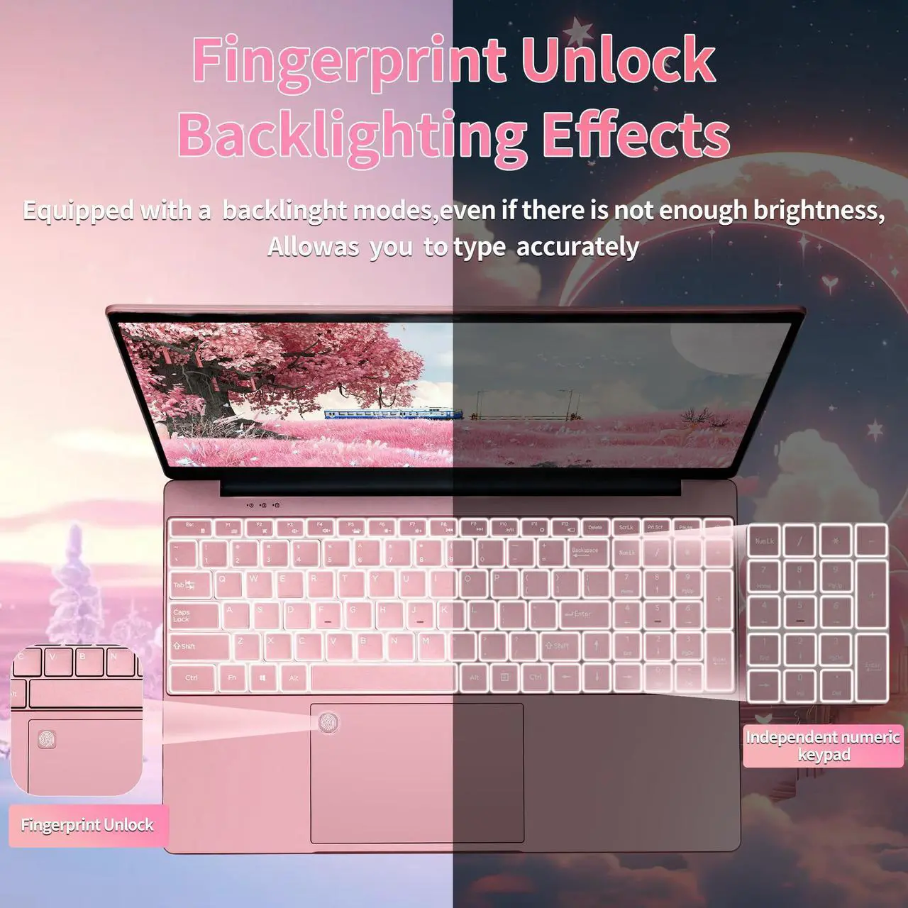 Alt view image 4 of 5 - OMSERVB 15.6" Pink Laptop,12th Gen N95(Up to 3.4Ghz),DDR4 32G RAM, 1TB NVME SSD, Win 11&Office 2019,Fingerprint Lock,Portable Notebook PC with Backlit KB (TB, 1)