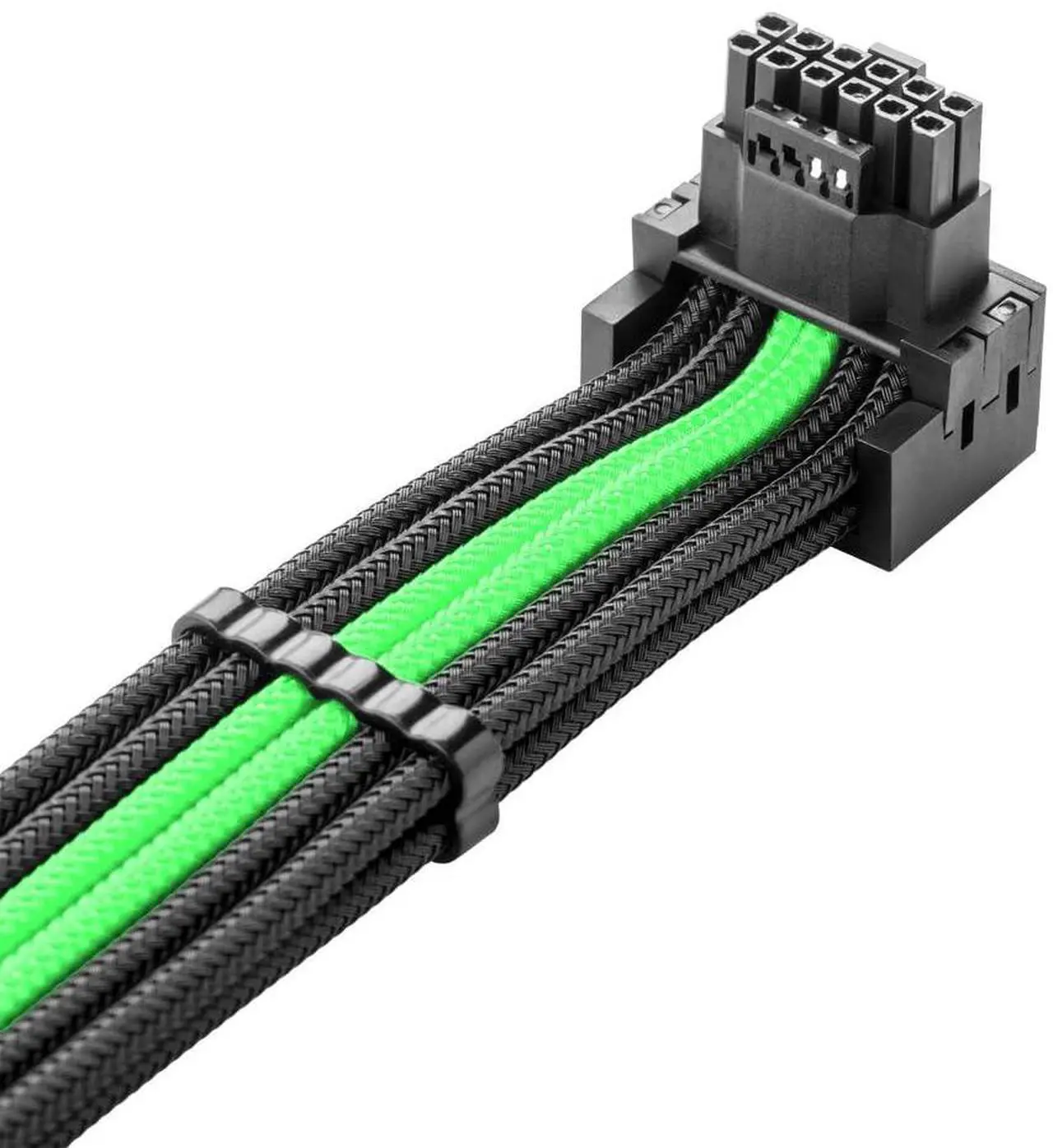 Alt view image 2 of 3 - CableMod E-Series Pro ModMesh Sleeved 12V-2x6 12VHPWR 90° StealthSense PCIe Cable for EVGA G/G+ / P/P+ / T - Variant A (Black + Light Green, 16-pin to Quad 8-pin, 60cm)