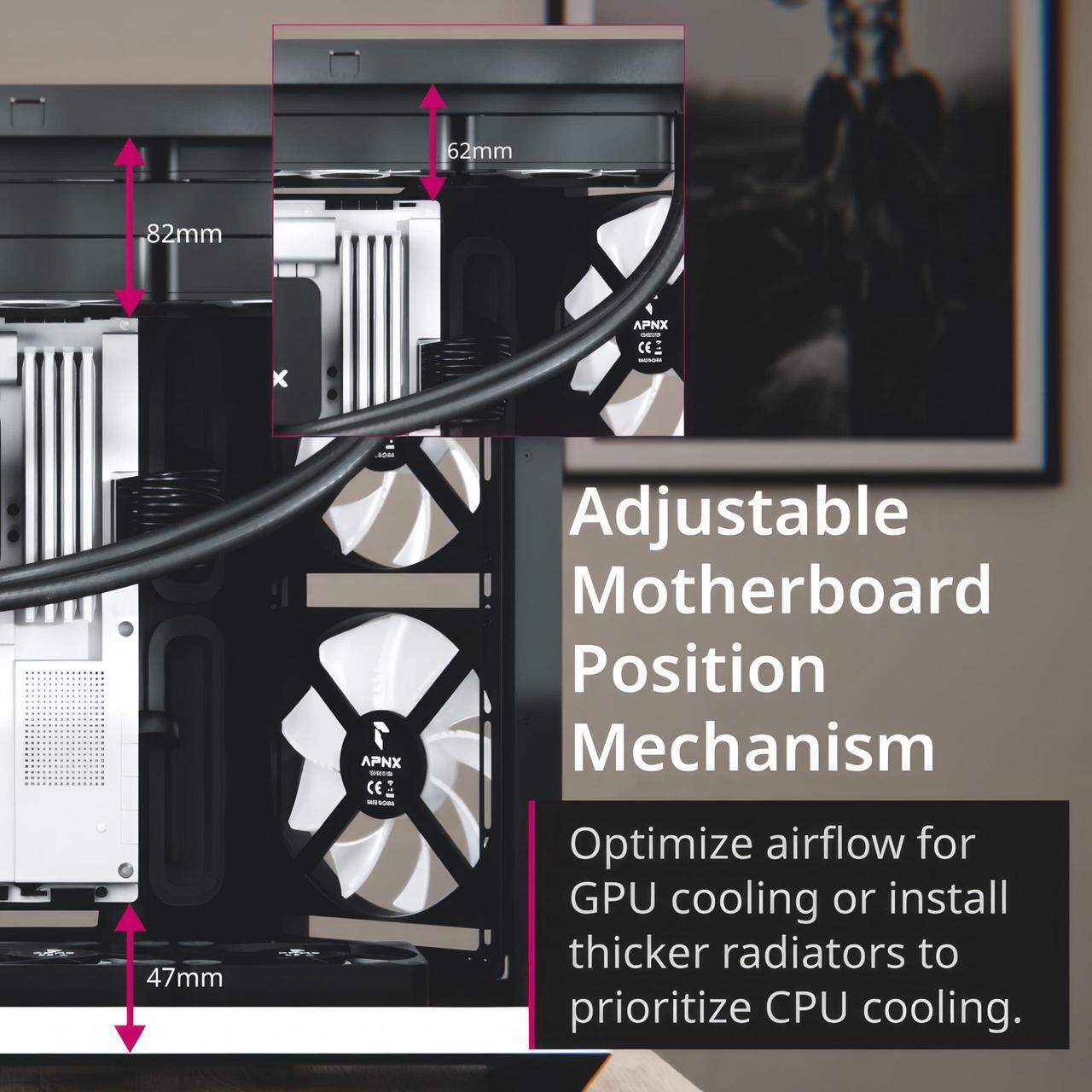 Alt view image 3 of 5 - APNX V1 Dual-Chamber ATX Mid-Tower Airflow PC Case, Panoramic Glass Panels, 10 Fan Slots, 360mm Radiator Support, Angular Intake 16cmx2 Fan Bracket, GPU Mount, Cable Management, Type-C, Black/White