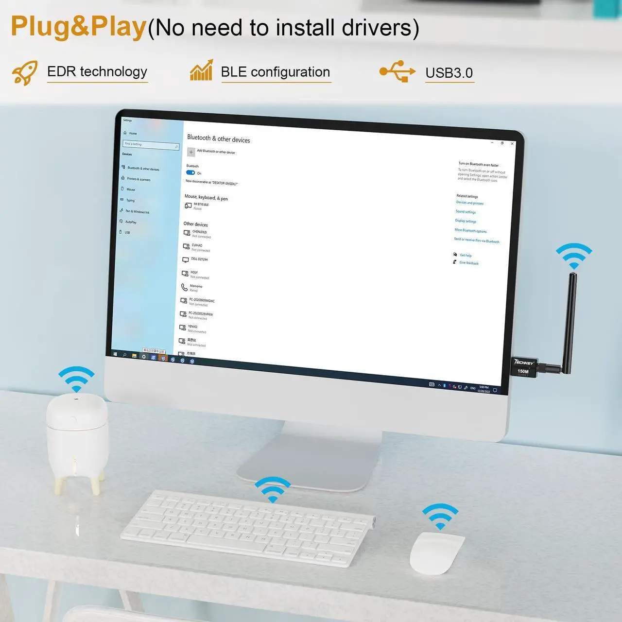 Alt view image 4 of 5 - USB Bluetooth 5.4 Adapter for Desktop PC, Long Range 500FT Wireless Transfer for Headphones, Keyboard, Mouse, Compatible with Windows11/10/8.1