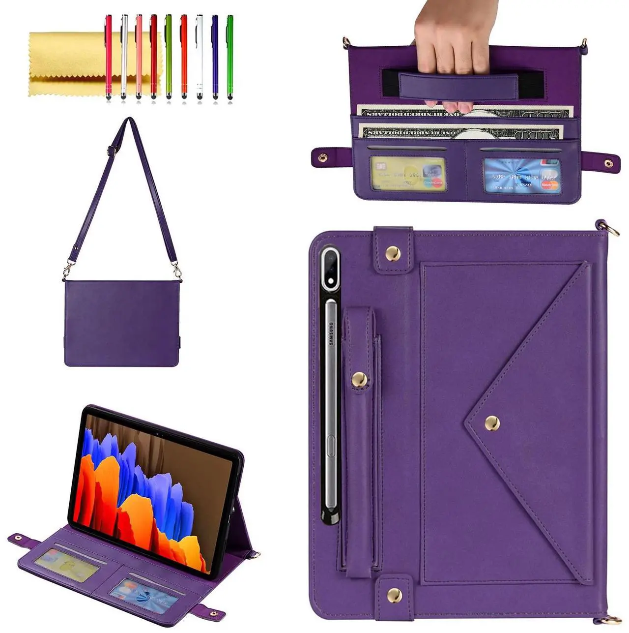 Main image of Handbag Case for Samsung Galaxy Tab S8 Plus/S7+/S7 FE 12.4", Techcircle Folio Stand Crossbody Wallet Case with S Pen Holder+Card Slots Thin Pocket, Built-in Hand Strap+Removable Shoulder Strap, Purple