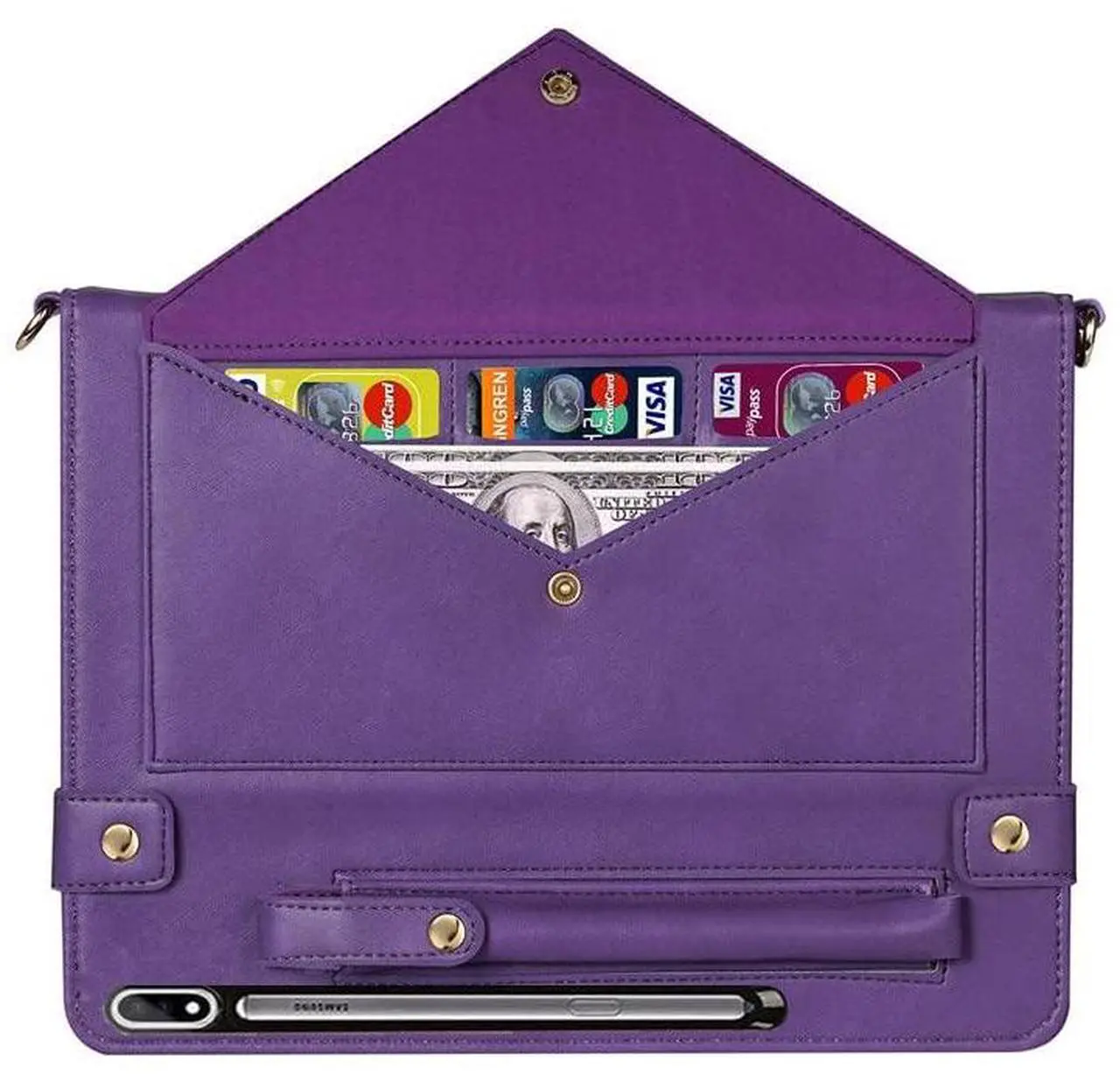 Alt view image 4 of 5 - Handbag Case for Samsung Galaxy Tab S8 Plus/S7+/S7 FE 12.4", Techcircle Folio Stand Crossbody Wallet Case with S Pen Holder+Card Slots Thin Pocket, Built-in Hand Strap+Removable Shoulder Strap, Purple
