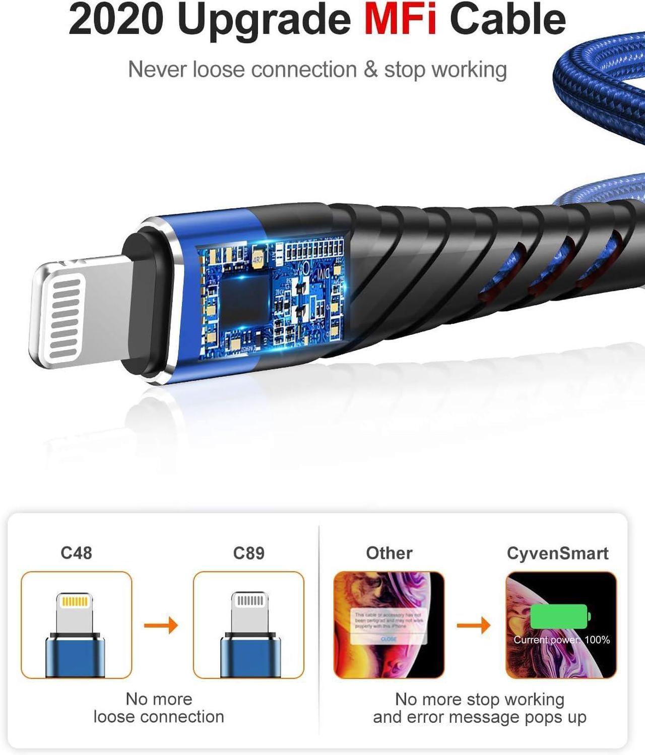 Alt view image 3 of 5 - CyvenSmart (2 Pack) Long iPhone Charger 10ft for [MFi Certified], 10 Foot Lightning Cable Fast Charging Cord 10 Feet for iPhone 12/12 Pro/11/11 Pro/11 Pro Max/XS/XS Max/XR/X/8/8 Plus/7/7 Plus/6 Navy