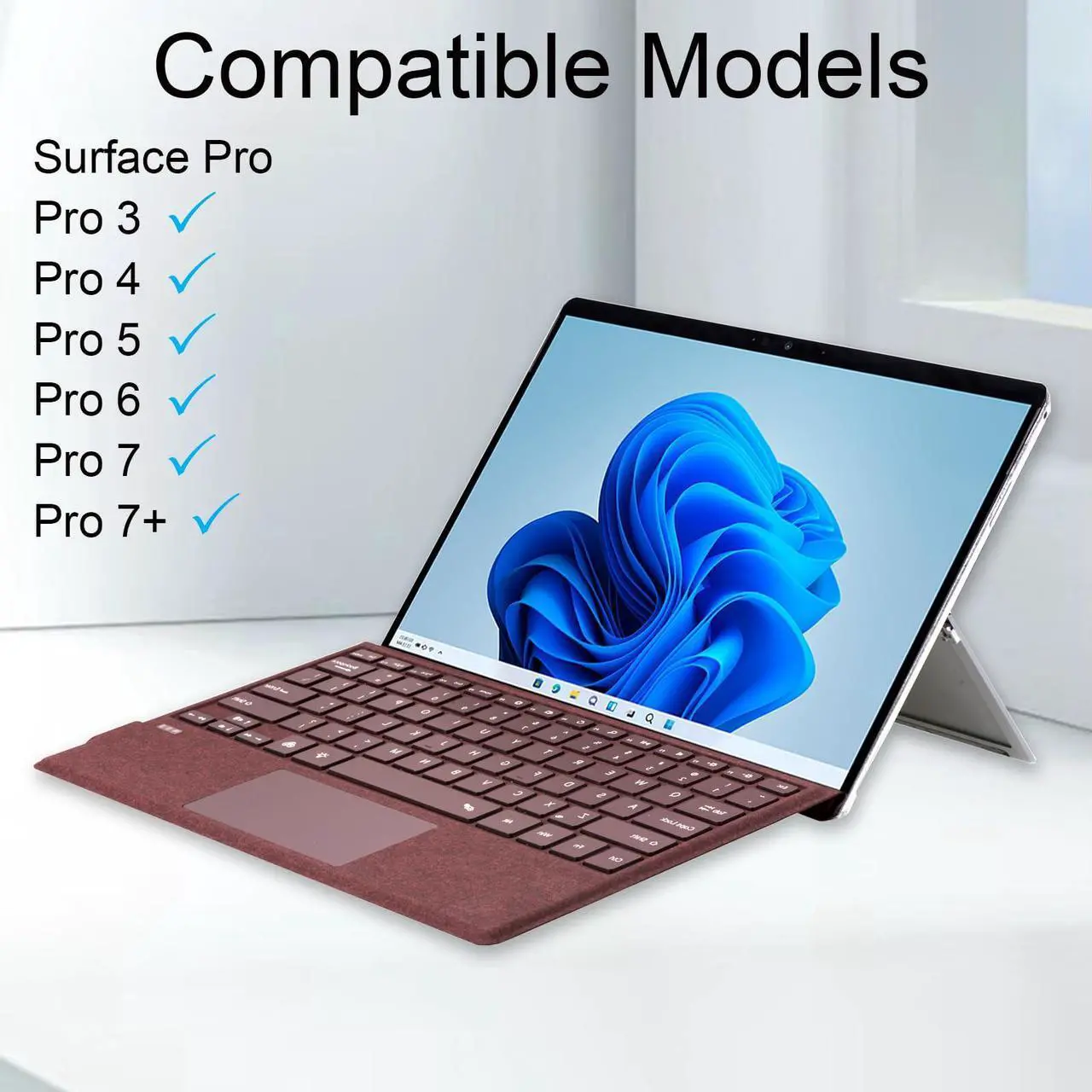 Alt view image 2 of 5 - Zoof Type Cover for Microsoft Surface Pro 7+ / Pro 7 / Pro 6 / Pro 5 / Pro 4 / Pro 3, 12.3 inch, Ultra-Slim Wireless 7 Color Backlit Tablet Keyboard, Multi Touchpad Bluetooch (Burgundy with Backlit)