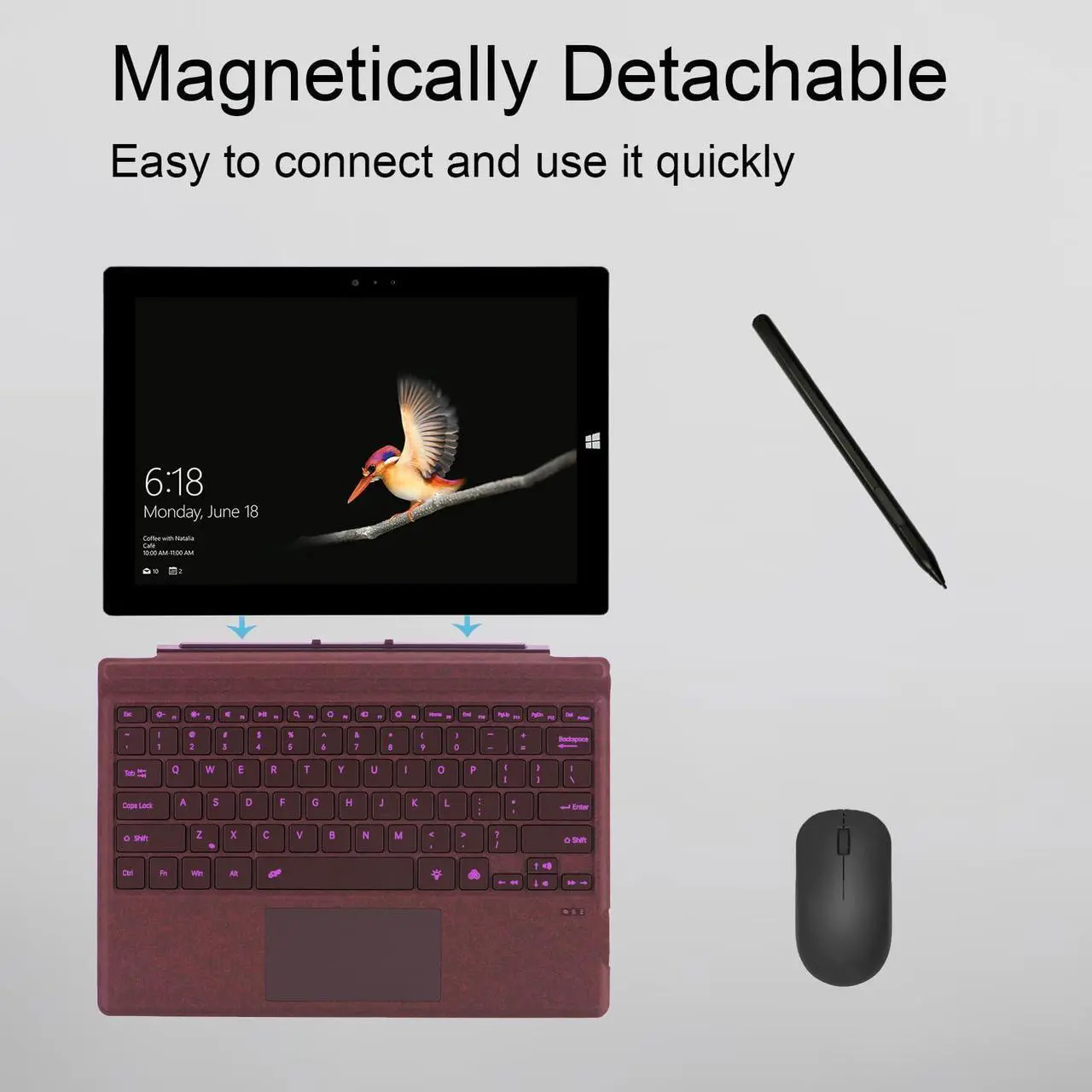 Alt view image 3 of 5 - Zoof Type Cover for Microsoft Surface Pro 7+ / Pro 7 / Pro 6 / Pro 5 / Pro 4 / Pro 3, 12.3 inch, Ultra-Slim Wireless 7 Color Backlit Tablet Keyboard, Multi Touchpad Bluetooch (Burgundy with Backlit)