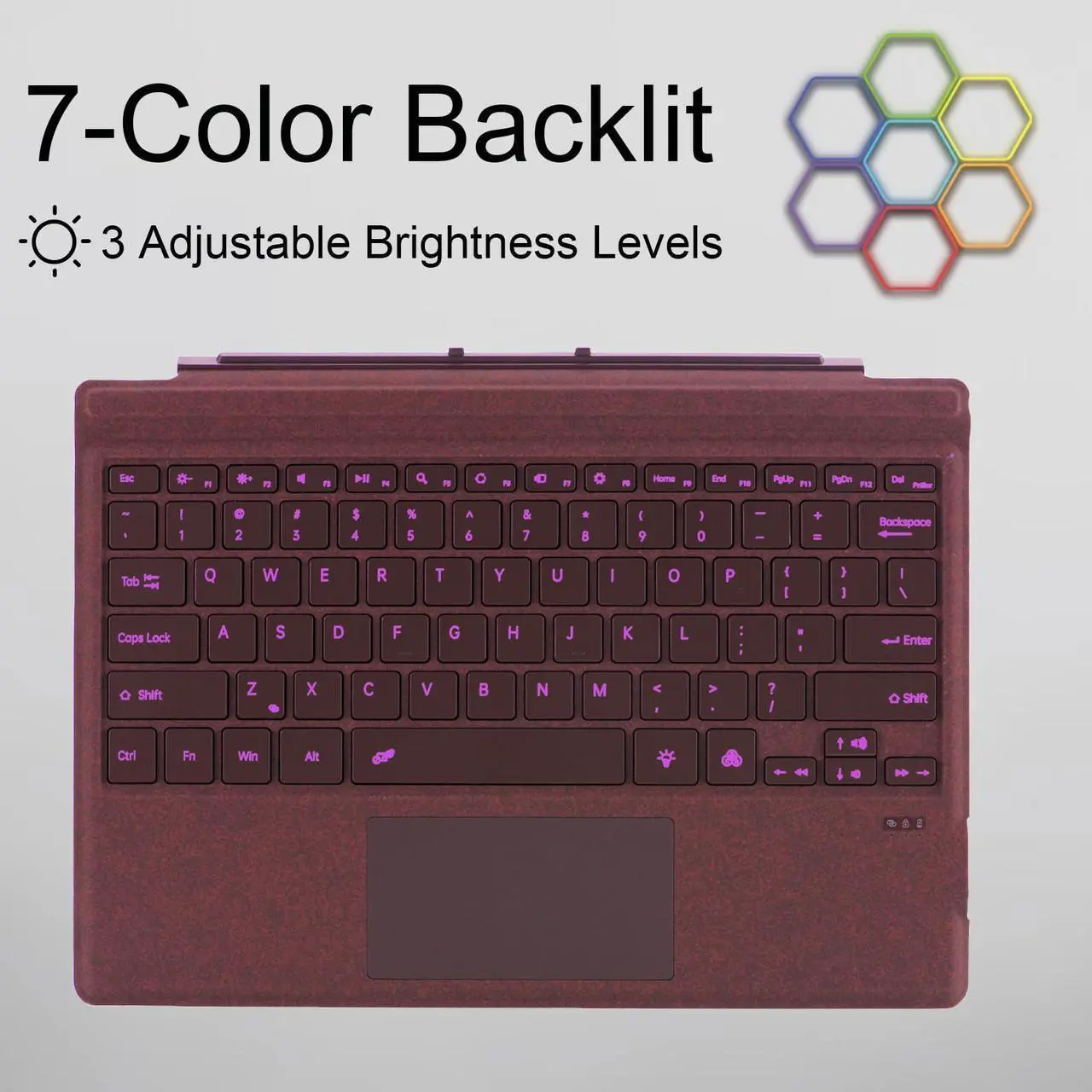 Alt view image 4 of 5 - Zoof Type Cover for Microsoft Surface Pro 7+ / Pro 7 / Pro 6 / Pro 5 / Pro 4 / Pro 3, 12.3 inch, Ultra-Slim Wireless 7 Color Backlit Tablet Keyboard, Multi Touchpad Bluetooch (Burgundy with Backlit)