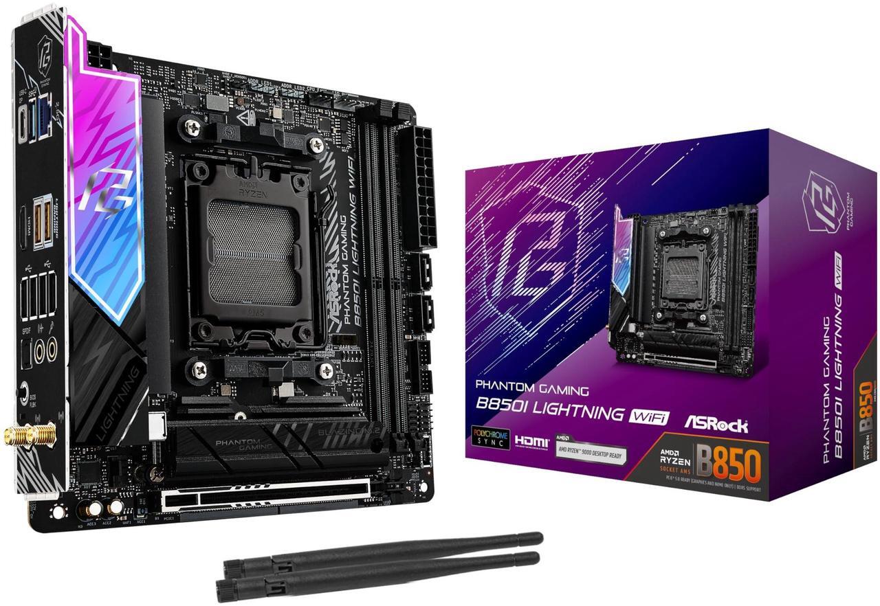 Main image of ASRock AMD B850i Lightning WiFi 6E Socket AM5 Ryzen 9000/8000/7000 Series DDR5 8200+ (OC) MHz 128GB Mini ITX Motherboard M.2 SATA3 6.0 Gb/s PCIe 5.0 B850 BIOS Flashback