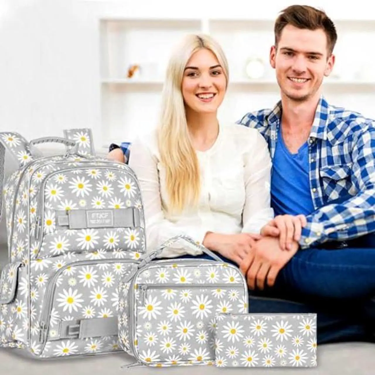 Alt view image 2 of 5 - AGSDON 3PCS Daisy Girls Backpack, 17 Inch Laptop School Bookbag Teen College Water Resistant Kids Backpacks with Lunch Box Set - Grey