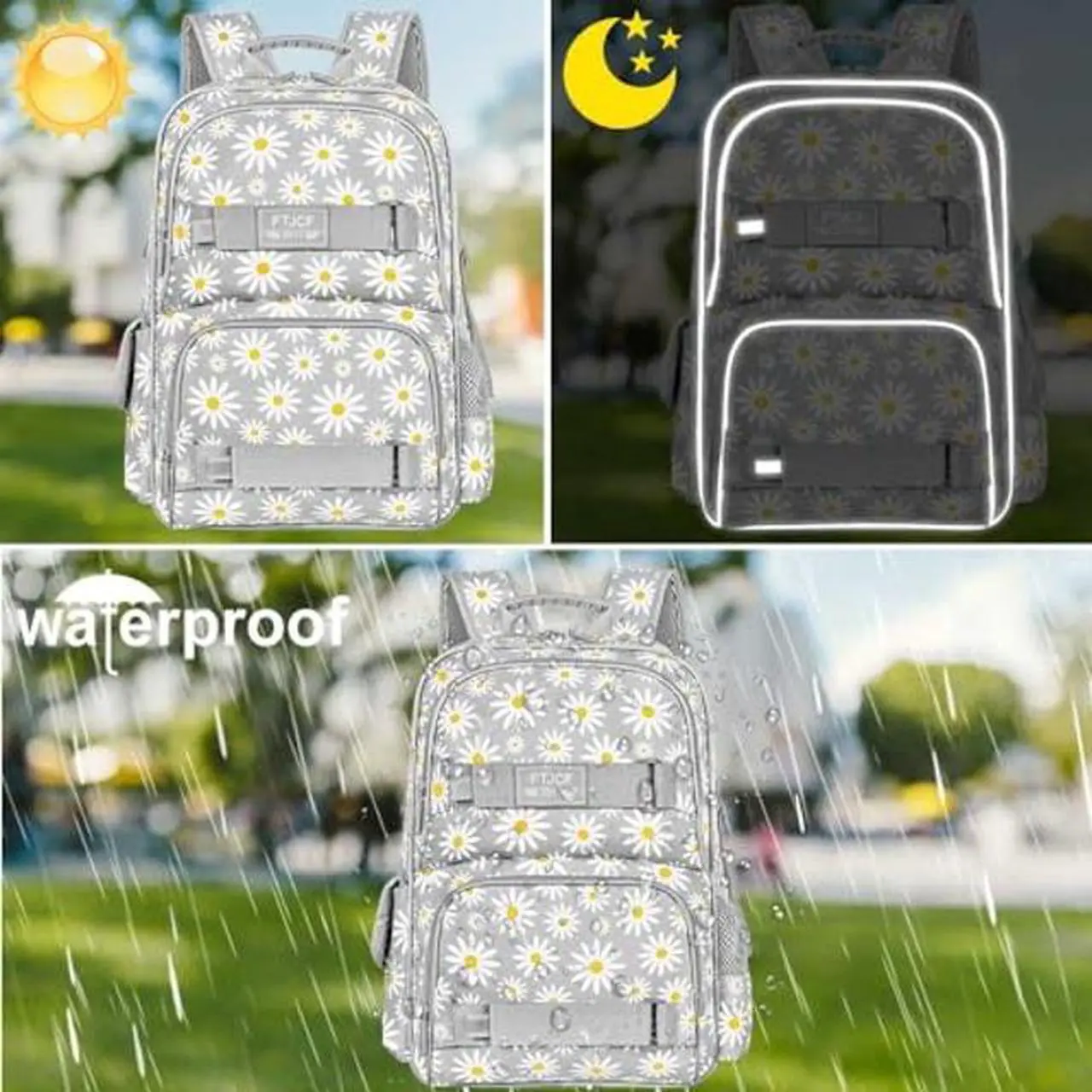 Alt view image 3 of 5 - AGSDON 3PCS Daisy Girls Backpack, 17 Inch Laptop School Bookbag Teen College Water Resistant Kids Backpacks with Lunch Box Set - Grey