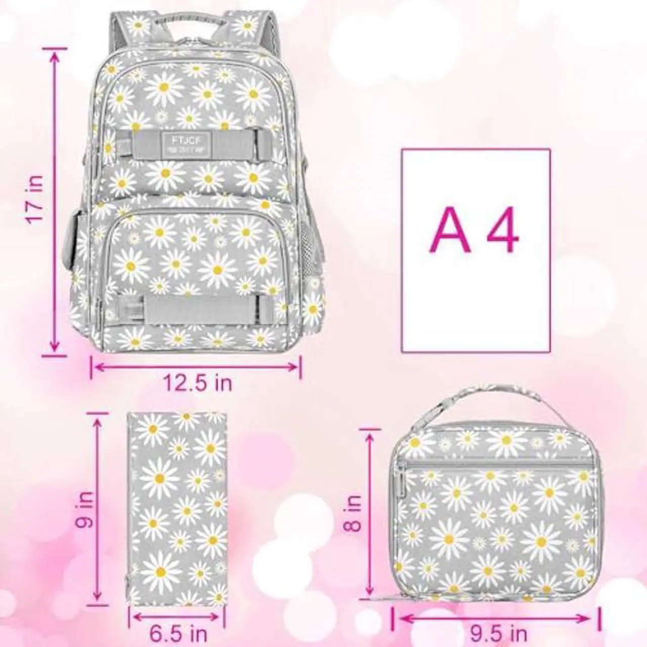Alt view image 4 of 5 - AGSDON 3PCS Daisy Girls Backpack, 17 Inch Laptop School Bookbag Teen College Water Resistant Kids Backpacks with Lunch Box Set - Grey