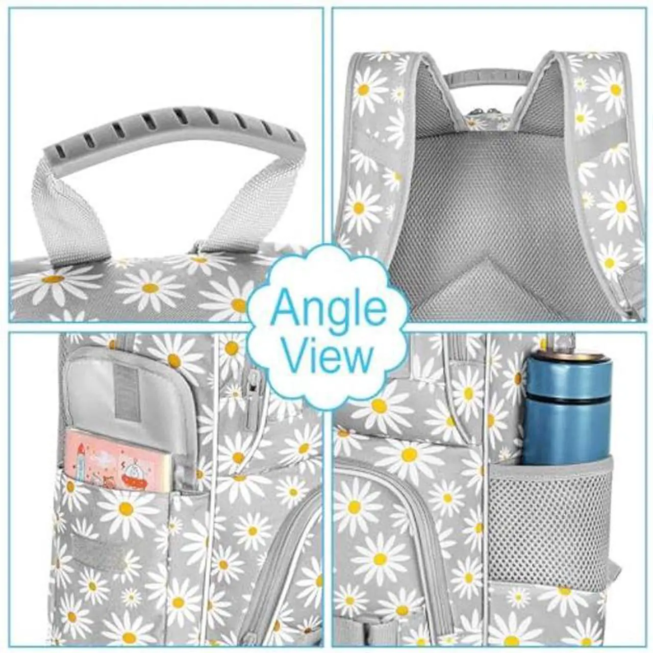 Alt view image 5 of 5 - AGSDON 3PCS Daisy Girls Backpack, 17 Inch Laptop School Bookbag Teen College Water Resistant Kids Backpacks with Lunch Box Set - Grey