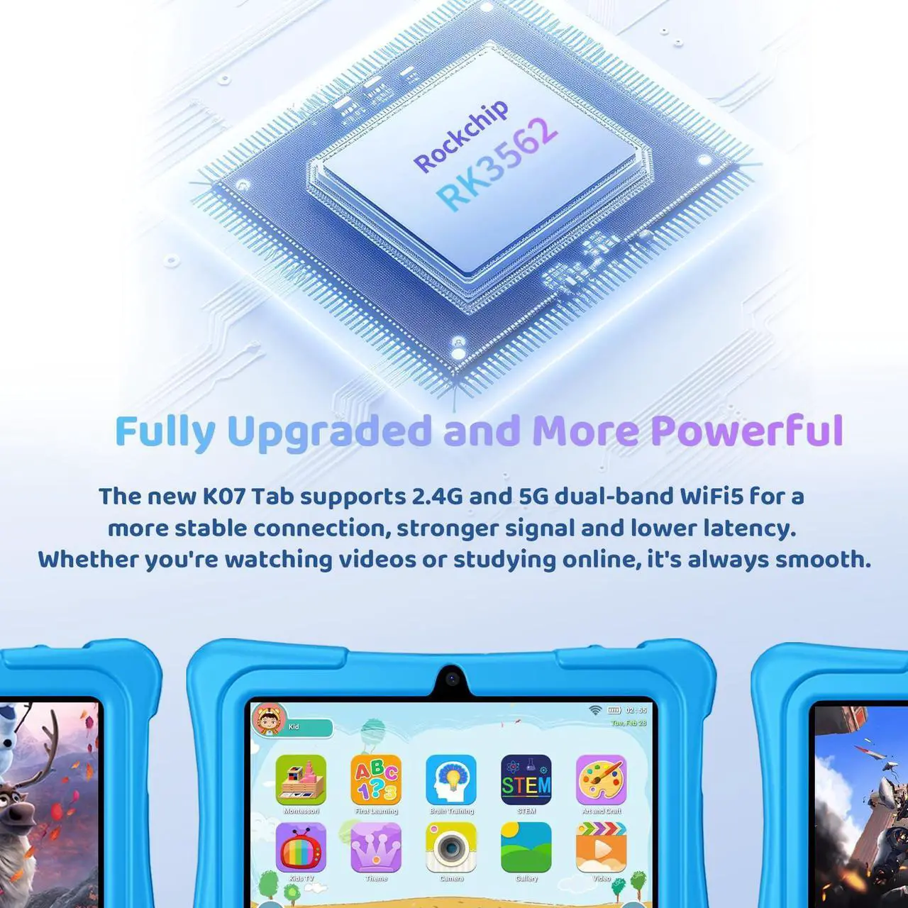 Alt view image 3 of 5 - Kids Tablet, 7 inch Android 15 Tablet for Kids, 8GB+32GB 1TB Expand, Quad-Core Toddler Tablets with Shockproof Case, BT5.0, WiFi 5, Parental Control, Games, Dual Camera (Sky Blue)