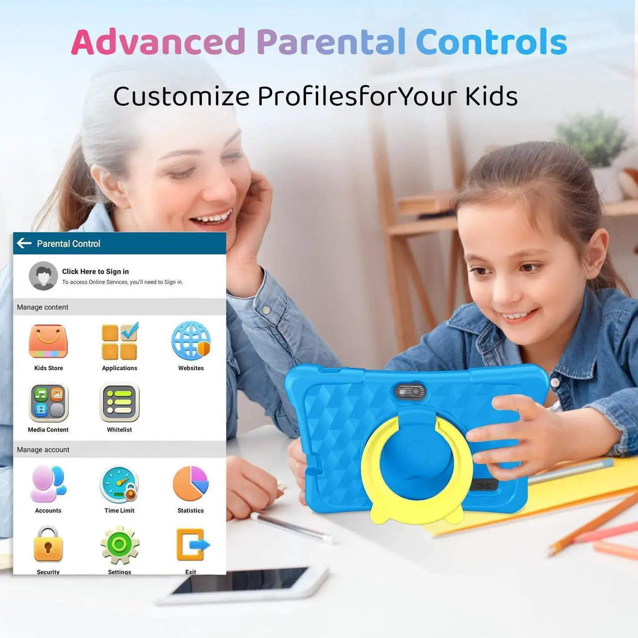 Alt view image 4 of 5 - Kids Tablet, 7 inch Android 15 Tablet for Kids, 8GB+32GB 1TB Expand, Quad-Core Toddler Tablets with Shockproof Case, BT5.0, WiFi 5, Parental Control, Games, Dual Camera (Sky Blue)