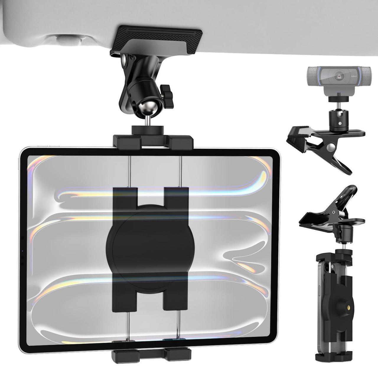 Main image of Dosvsi Sun Visor Tablet Holder for Car, Metal Clip Truck Visor Tablet Mount, 360deg Rotating Visor Phone Clamp Mount with 1/4" Screw, for iPad Pro Air Mini, Galaxy Tab, iPhone, Camera, 4-11" Tablets