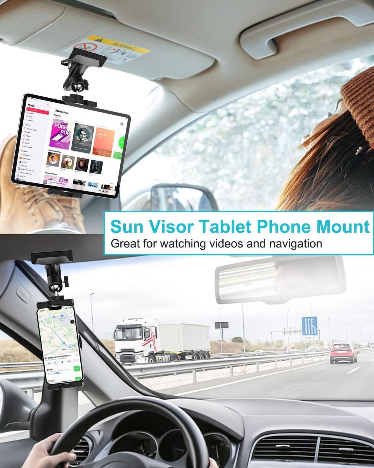 Alt view image 2 of 5 - Dosvsi Sun Visor Tablet Holder for Car, Metal Clip Truck Visor Tablet Mount, 360deg Rotating Visor Phone Clamp Mount with 1/4" Screw, for iPad Pro Air Mini, Galaxy Tab, iPhone, Camera, 4-11" Tablets