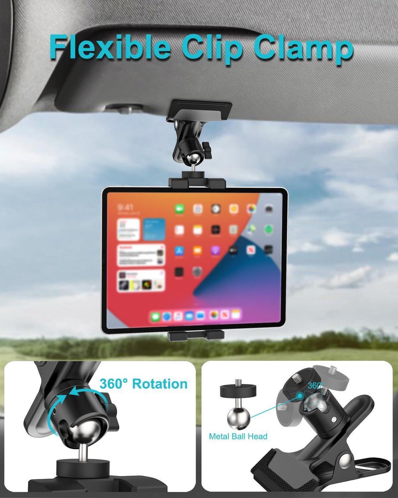 Alt view image 5 of 5 - Dosvsi Sun Visor Tablet Holder for Car, Metal Clip Truck Visor Tablet Mount, 360deg Rotating Visor Phone Clamp Mount with 1/4" Screw, for iPad Pro Air Mini, Galaxy Tab, iPhone, Camera, 4-11" Tablets
