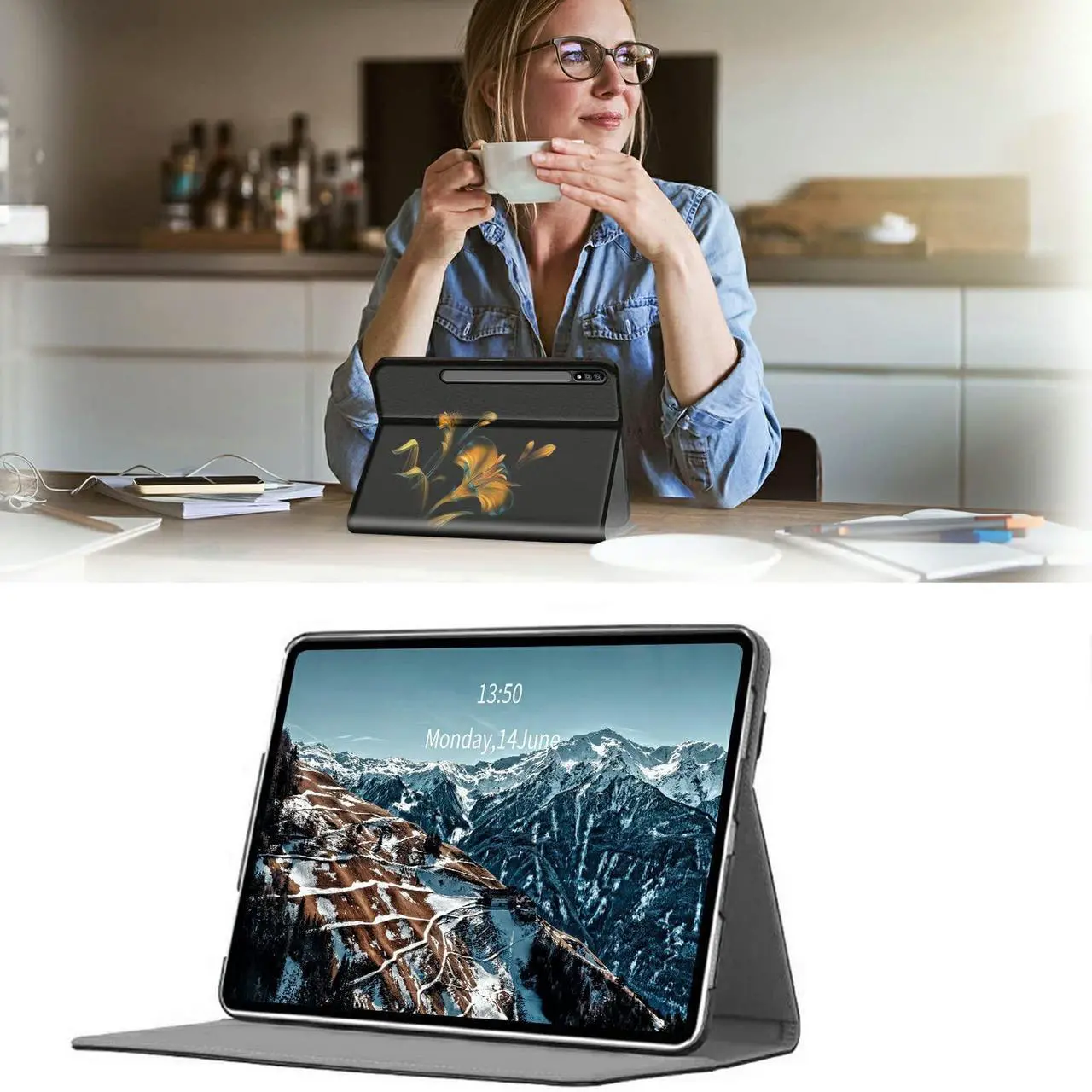 Alt view image 2 of 5 - Case for Samsung Galaxy Tab S8 Plus 2022/ Tab S7 FE 5G 2021/ Tab S7 Plus 2020 Tablet 12.4 Inch, Premium PU Leather Case Ultra Slim Fit Shockproof Stand Folio Cover, Shining Flower