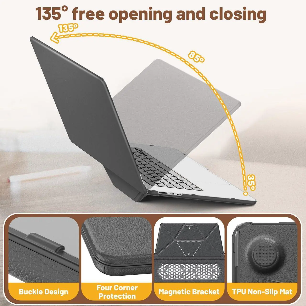 Alt view image 5 of 5 - KAIJIAbox Case for MacBook Air 15 Inch Case,Foldable Stand and Mouse Pad/Bag,Plastic Hard Shell,Exquisite PU Leather Protective Cover for MacBook Air 15 Inch(2022/2024/2025)[M2 A2941/M3 A3114](Grey)