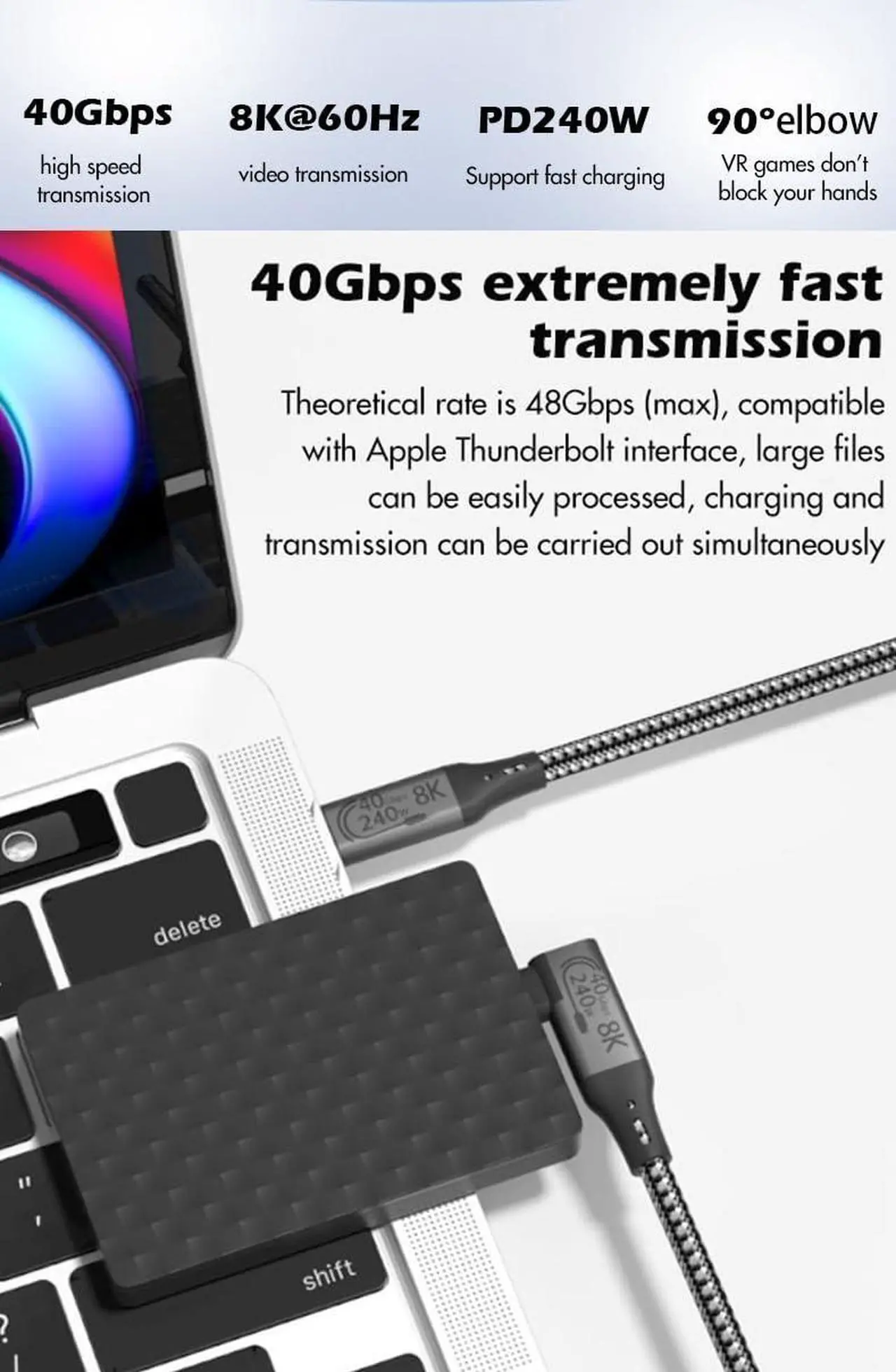 Alt view image 2 of 5 - VEBNER 6-Foot USB4 Cable Compatible with Thunderbolt 3, Thunderbolt 4 and USB-C - Supports 8K HD Display, 40gbps Data Transfer, 240W Charging - 90-Degree Right Angle USB-C