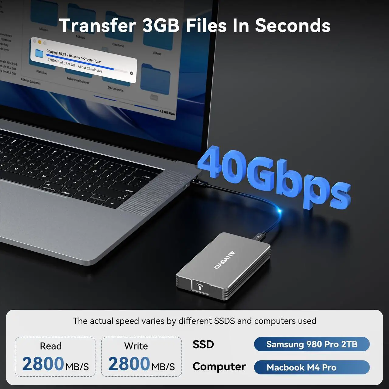 Alt view image 2 of 5 - ANYOYO 40Gbps M.2 NVMe SSD Enclosure with Aluminum Alloy for M1 M2 Pro/Max, NVMe Enclosure Compatible for Thunderbolt 3/4/5/USB4/3.2/3.1 Support M/B+M Key Size 2230/2242/2260/2280 up to 2700 MB/s