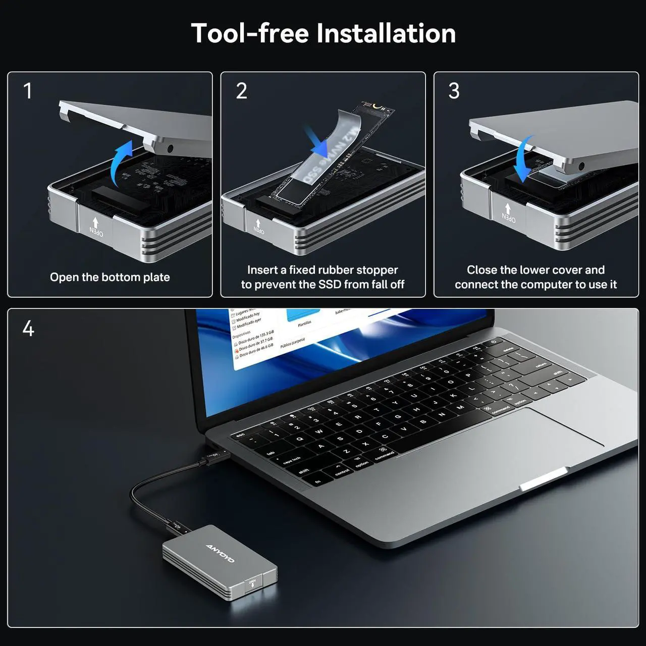 Alt view image 4 of 5 - ANYOYO 40Gbps M.2 NVMe SSD Enclosure with Aluminum Alloy for M1 M2 Pro/Max, NVMe Enclosure Compatible for Thunderbolt 3/4/5/USB4/3.2/3.1 Support M/B+M Key Size 2230/2242/2260/2280 up to 2700 MB/s