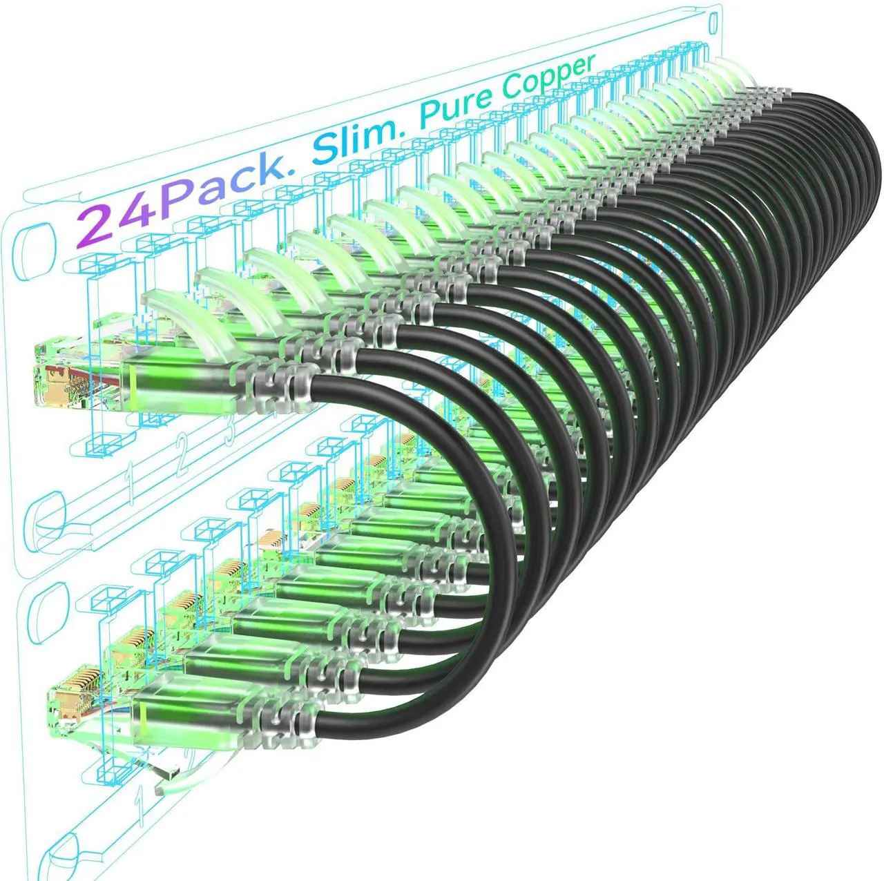 Main image of Sokqovt Cat6a Patch Cables Slim 10ft (24 Pack), Flexible Cat6 Ethernet Patch Cable 10G 550MHZ, 28AWG Pure Copper Cat6 Patch Cable for Network Cabinet, Cat 6 Patch Cable Black