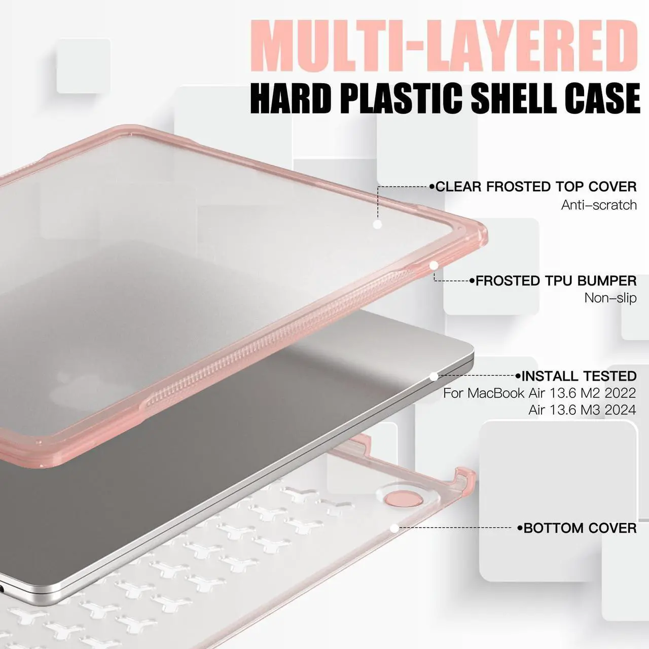 Alt view image 4 of 5 - Batianda Ultimate Laptop Case for M4 MacBook Air 13.6 inch 2025 2024 2022 Model A3240/A3113/A2681 Matte Bling Transparent Surface Carbon Fiber Edges Anti-Scratch and Anti-Fingerprint, Peach Pink